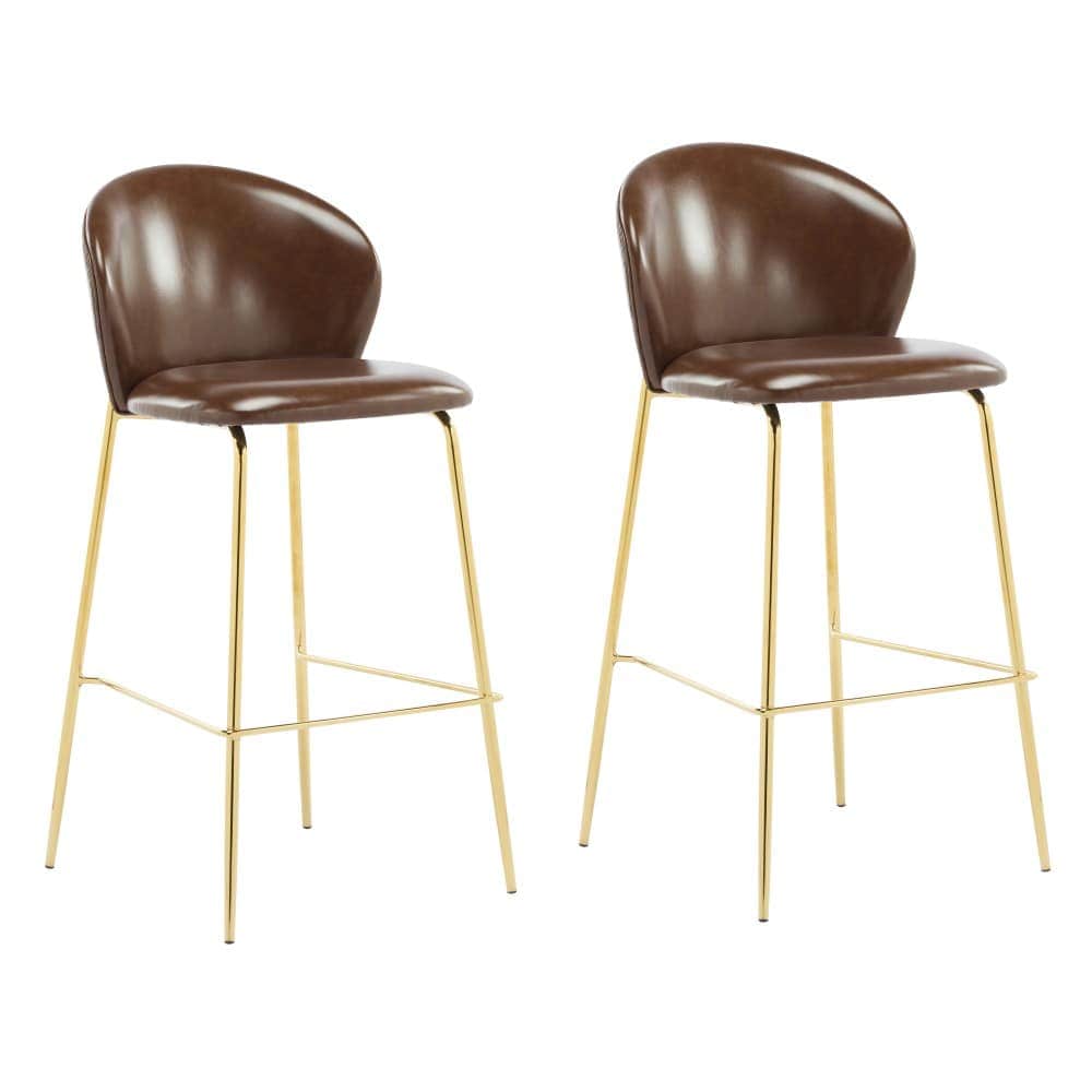 Coolbibila ELLIE-STOOLS-BROWN Set of 2 Dark Brown Faux Leather Bar Stools Gold Metal Frame Upholstered Low Back Chairs for Kitchen