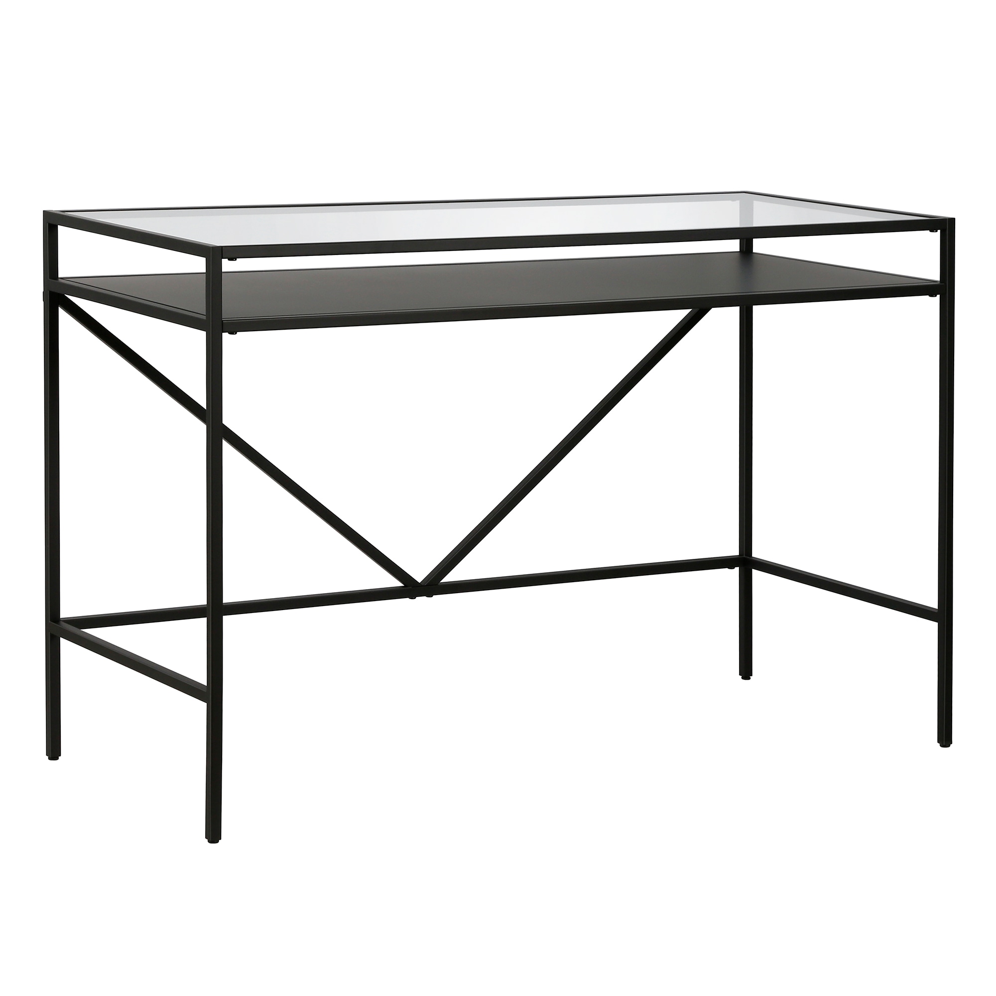 Sleek Blackened Bronze Desk with Tempered Glass Top and Metal Shelf