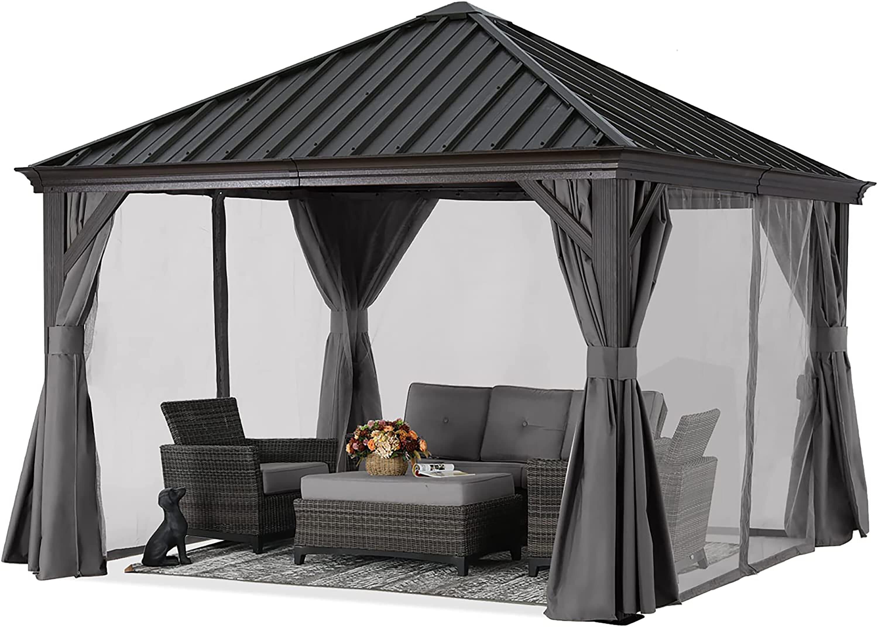 ABCCANOPY 12-ft X 12-ft Dark Gray Metal Rectangle Screened Gazebo With ...