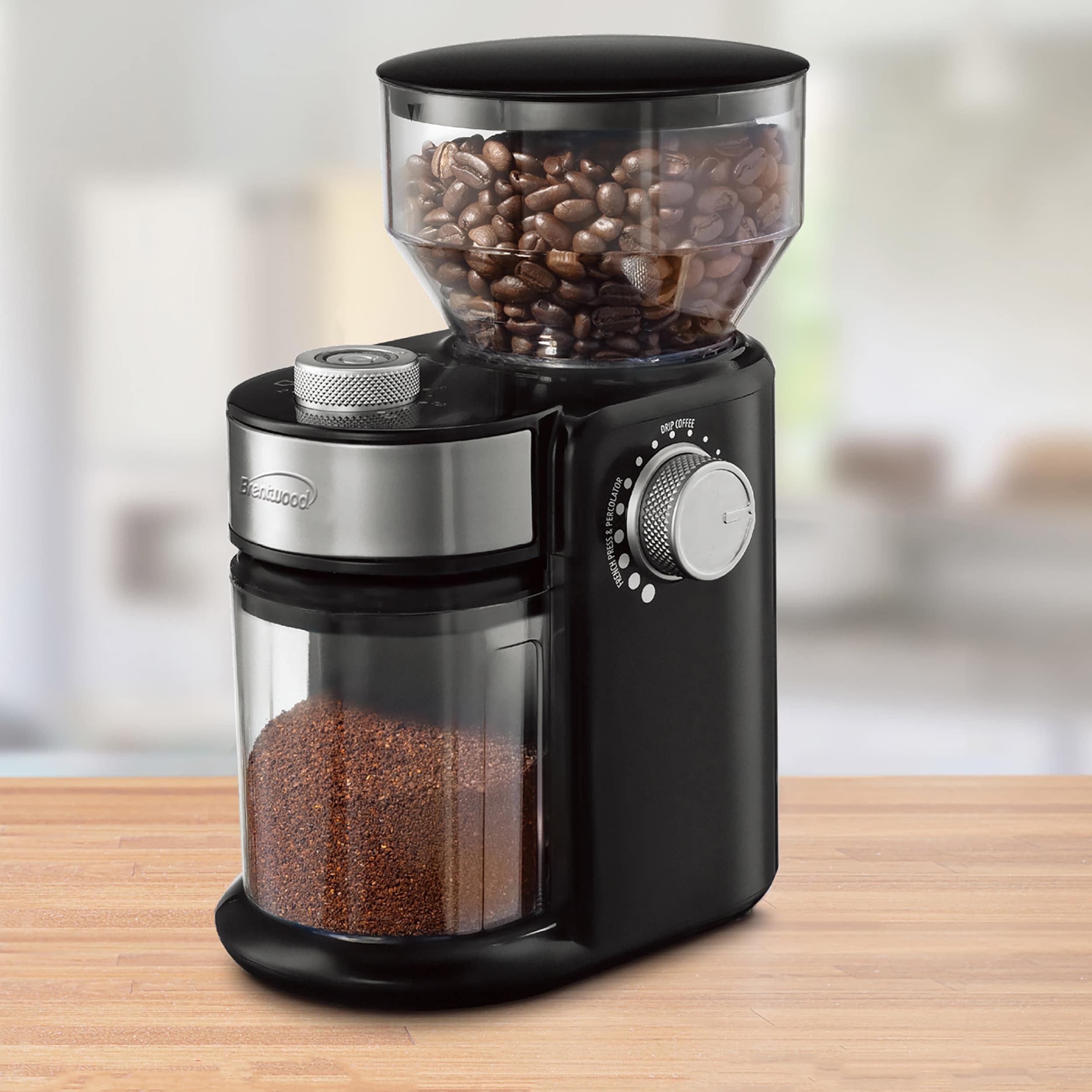 brentwood Black Coffee Grinder with 8 oz. Hopper Capacity, 12 Grinding  Coarseness Options, Burr Grinder, Knob Control