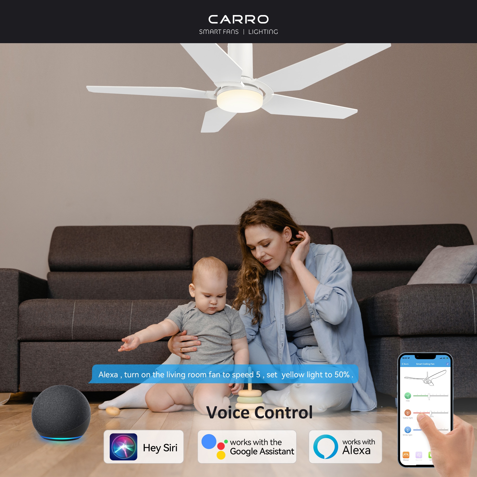 CARRO USA Voyager 52-in White Indoor/Outdoor Flush Mount Smart Ceiling Fan with Light and Remote (5-Blade) LS525B-L22-W1-1-FM Sansujyuku sansujyuku.com