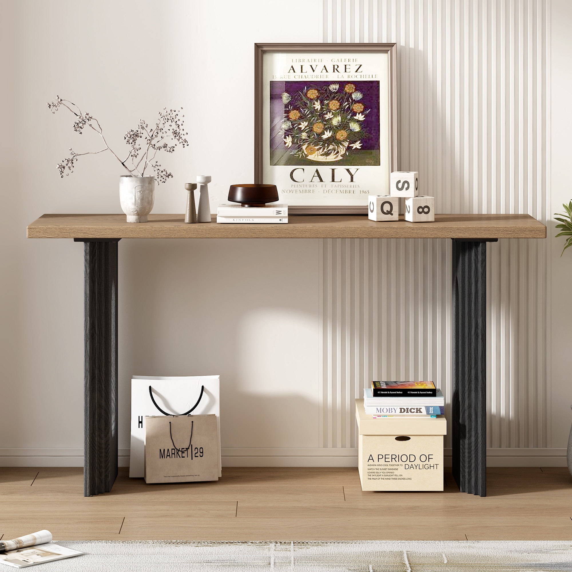 ModernLuxe N711P205931N Uniquely Designed Console Table made of Fraxinus Mandschuric Solid Wood Veneerwith Distinctive Round Hollow Legs Suitable for Foyer Living Room or Hallway