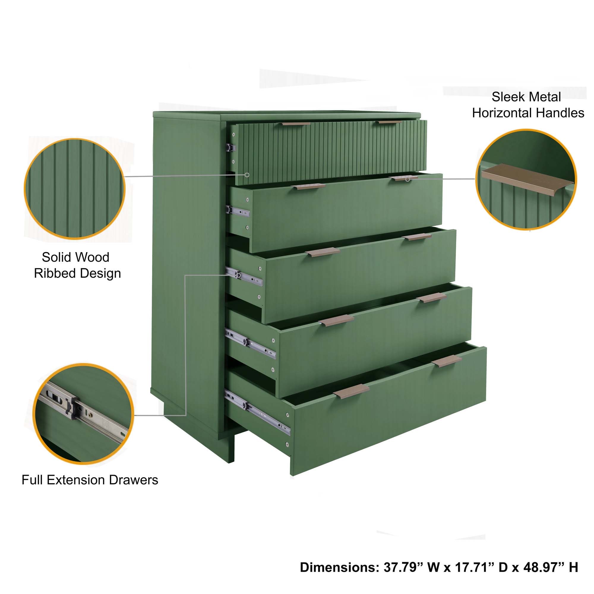 Granville Sage Green Modern 5-Drawer Chest with Metal Handles