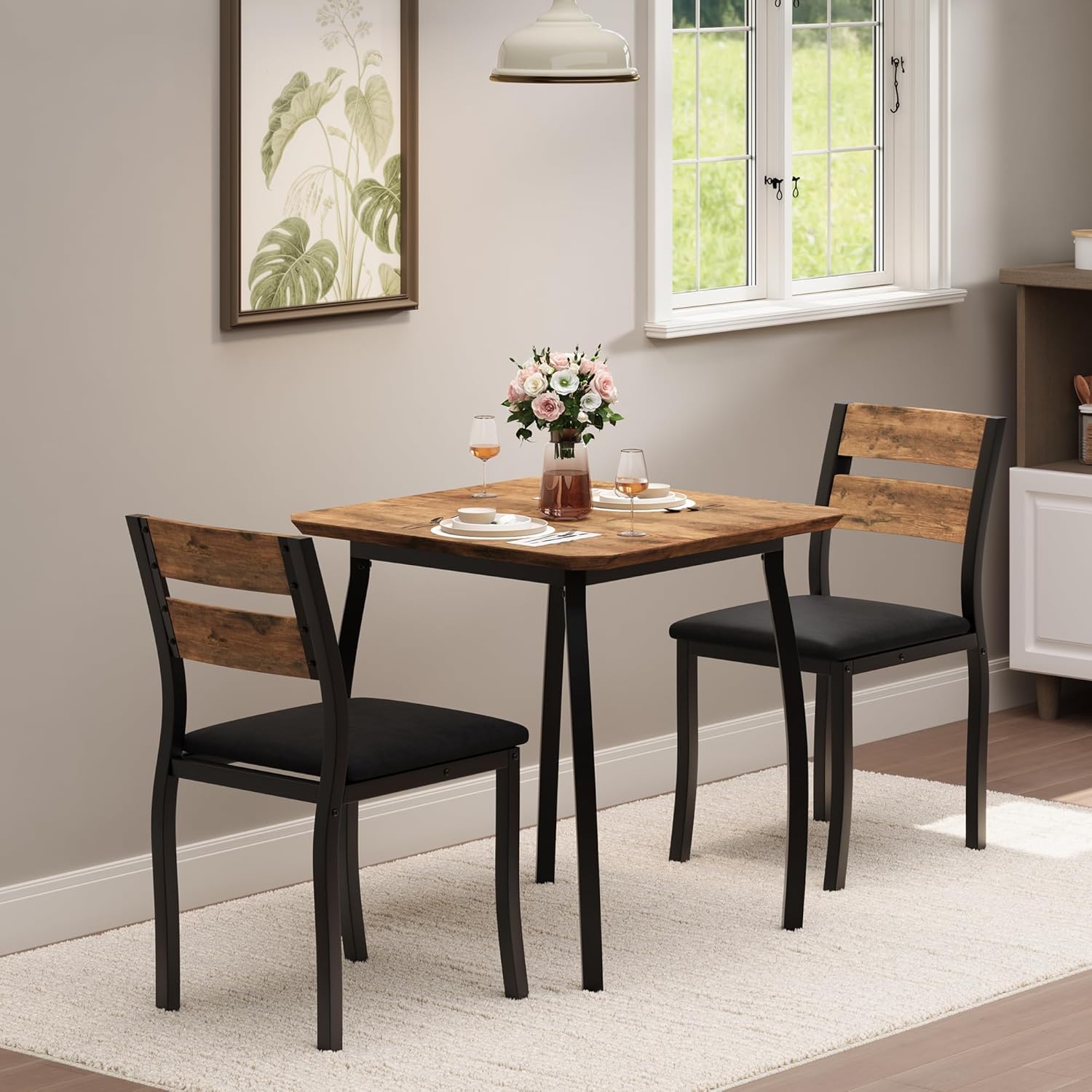 3Pcs Dining Table Set for 2 Small Kitchen Table Set with 2 Upholstered Chairs and Metal Frame Wood Tabletop Apartment Home Kitchen Retro Color