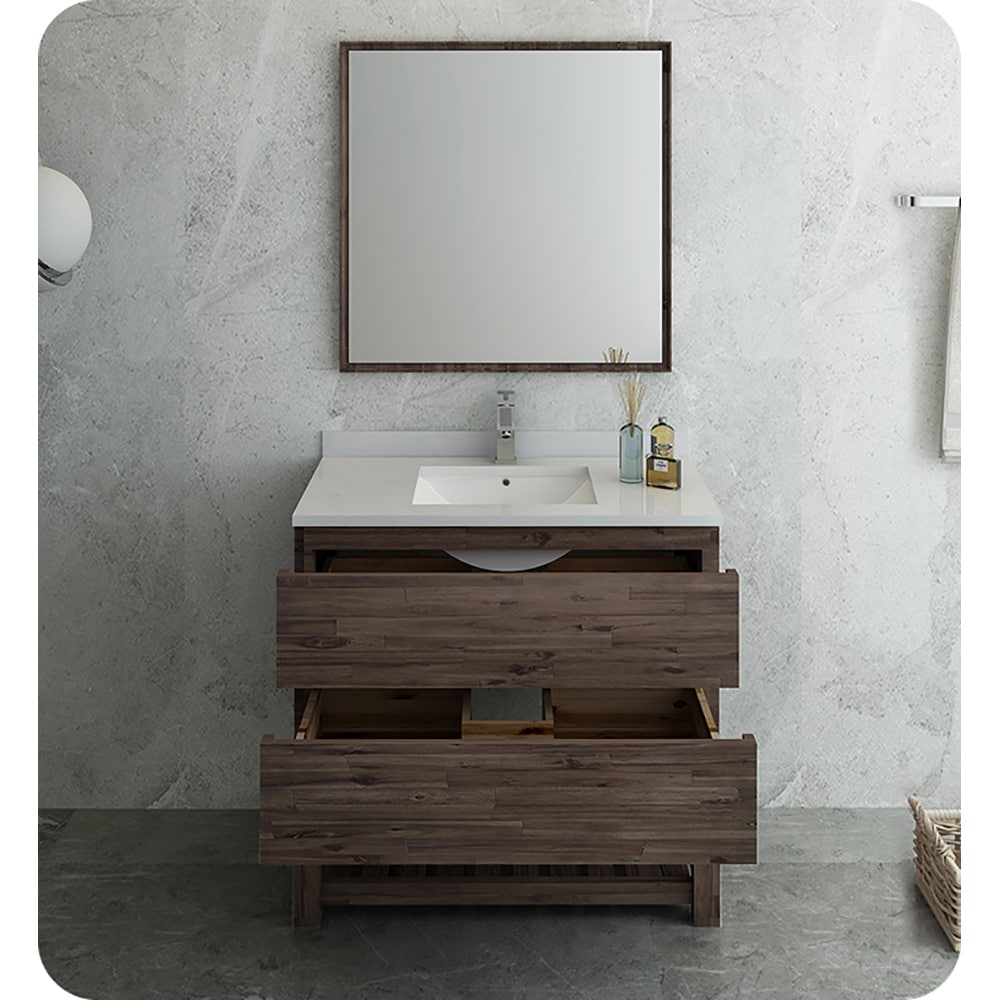 Elegant Acacia Wood 36" Vanity with Quartz Top and Open Shelf