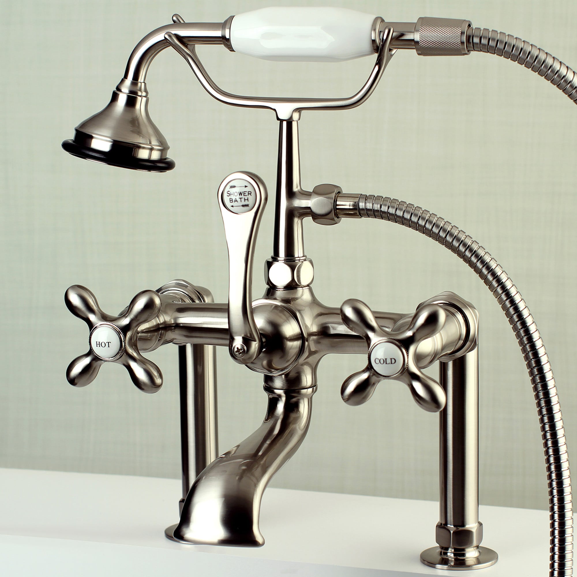 Kingston Brass WLAE109T8 Vintage Brushed nickel 3-handle Deck-mount Roman Low-arc Bathtub Faucet with Hand Shower ( Valve Included )