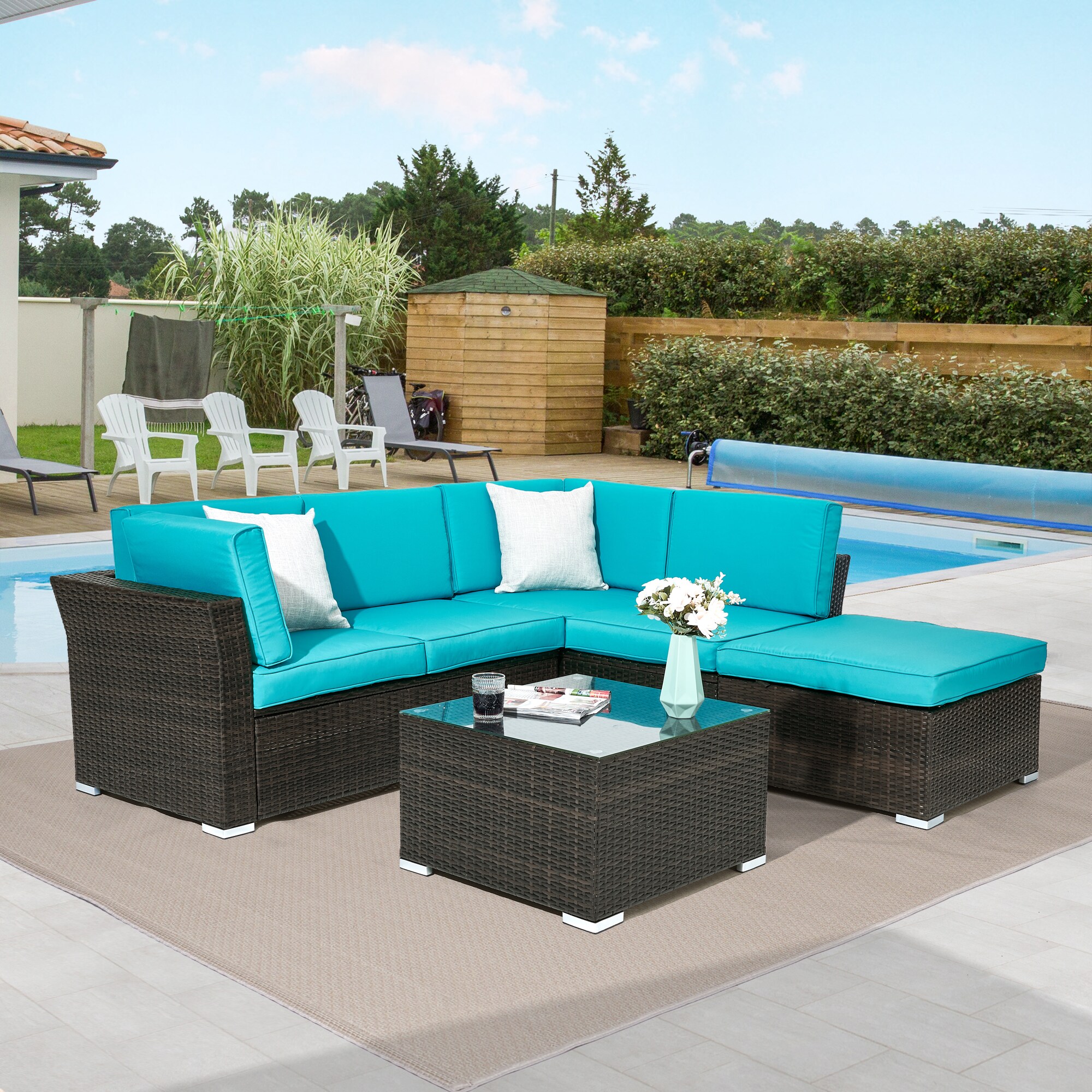 ACEGOSES LW-HSF200L 4 -Piece Wicker Patio Sofa Conversation Set with Blue Cushions
