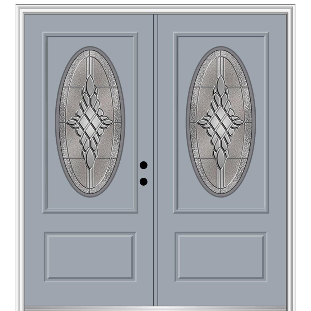 MMI DOOR ZZ365955L 72-in x 80-in x 4-9/16-in Fiberglass Oval lite Left-hand inswing Storm Cloud Painted Prehung Double Front Door with Brickmould Insulating core