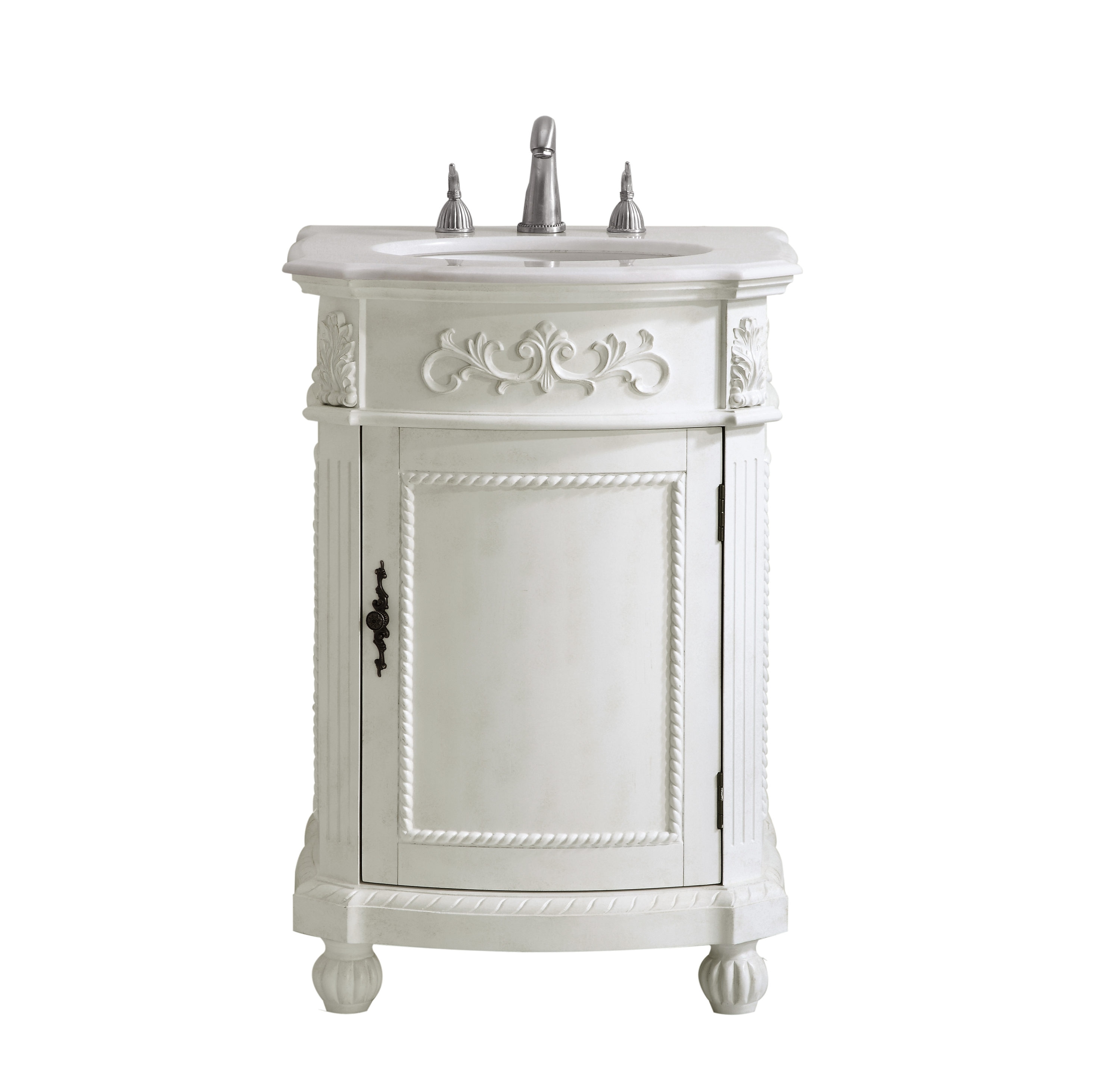 Elegant Decor HF3030 Home Furnishing 24-in Antique White Undermount Single sink Bathroom Vanity with White And Brown Vein Marble Top