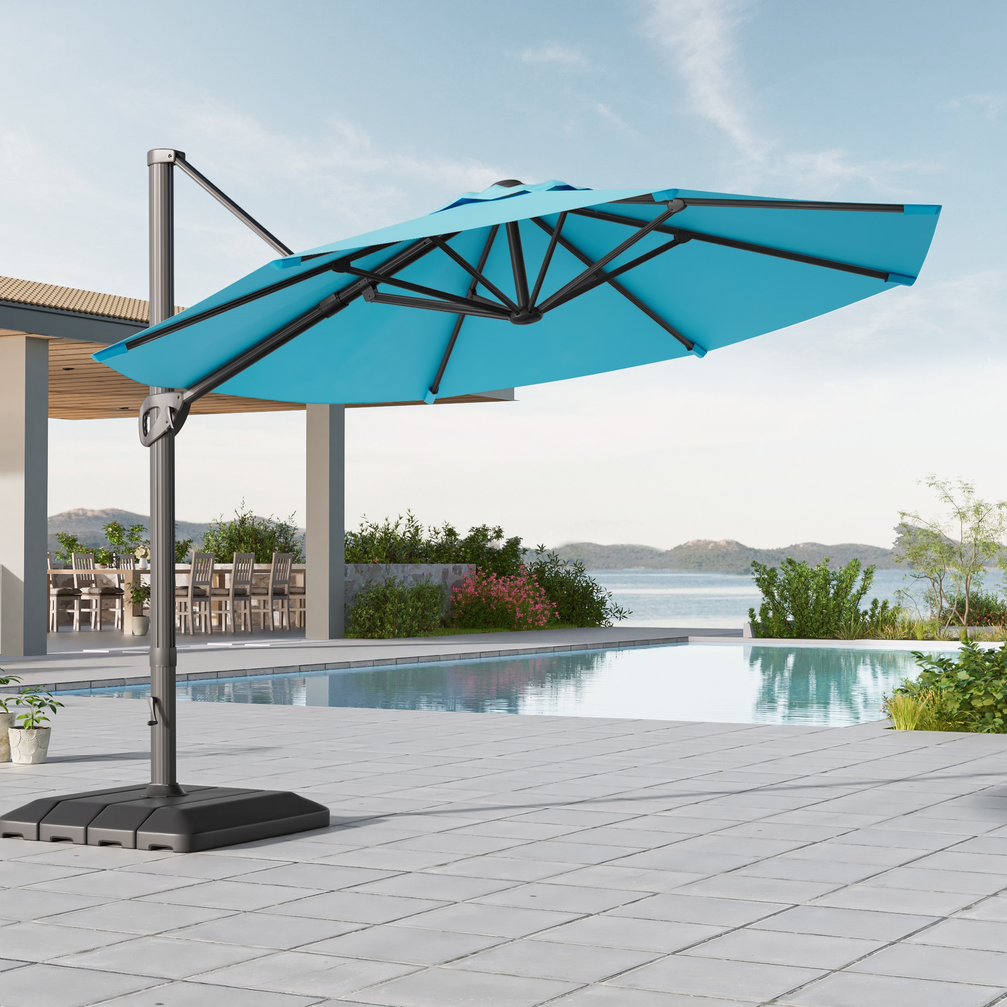 ACEGOSES LW-1159LB-LED-WB 11-ft Aluminum Blue No-tilt Cantilever Patio Umbrella with Base