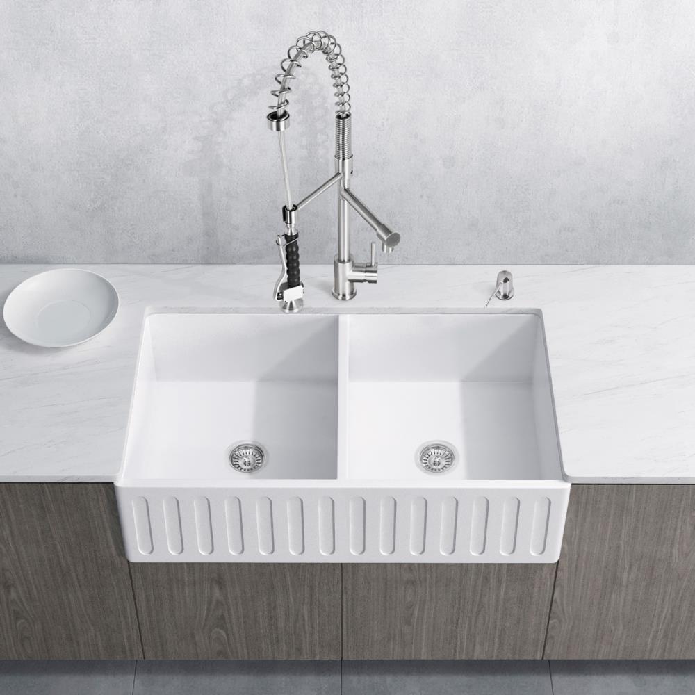 VIGO VG15467 Matte stone Farmhouse Apron Front 33-in x 18-in Stainless Steel Composite Double Equal Bowl Workstation Kitchen Sink All-in-one Kit