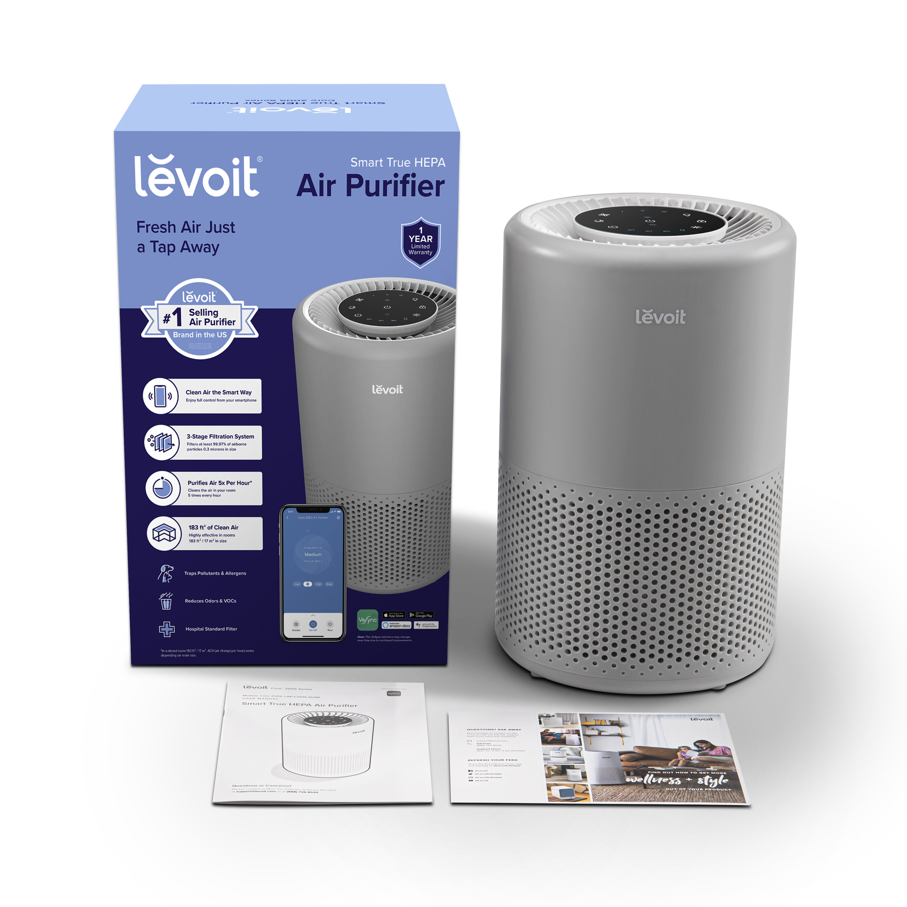 Levoit Core 200 3-Speed Smart Gray True HEPA Air Purifier ENERGY STAR  (Covers: 915-sq ft) in the Air Purifiers department at