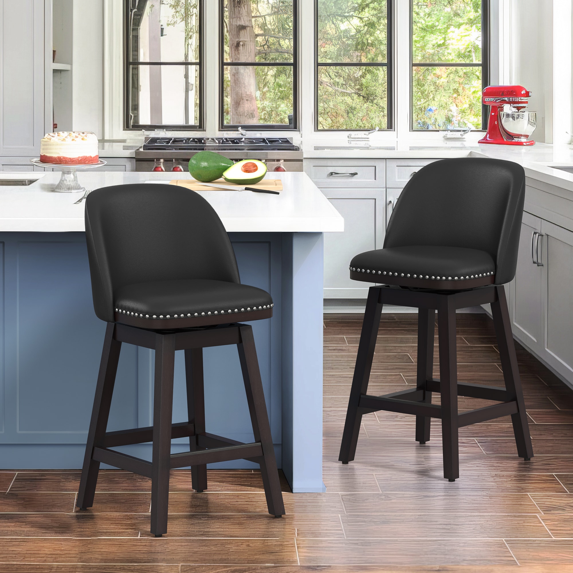 LUE BONA YB-009-01LS Set of 2 Black/Faux Leather 26-in H Counter height (24-in to 27-in) Square Seat Upholstered Swivel Wood Back Bar Stool Back