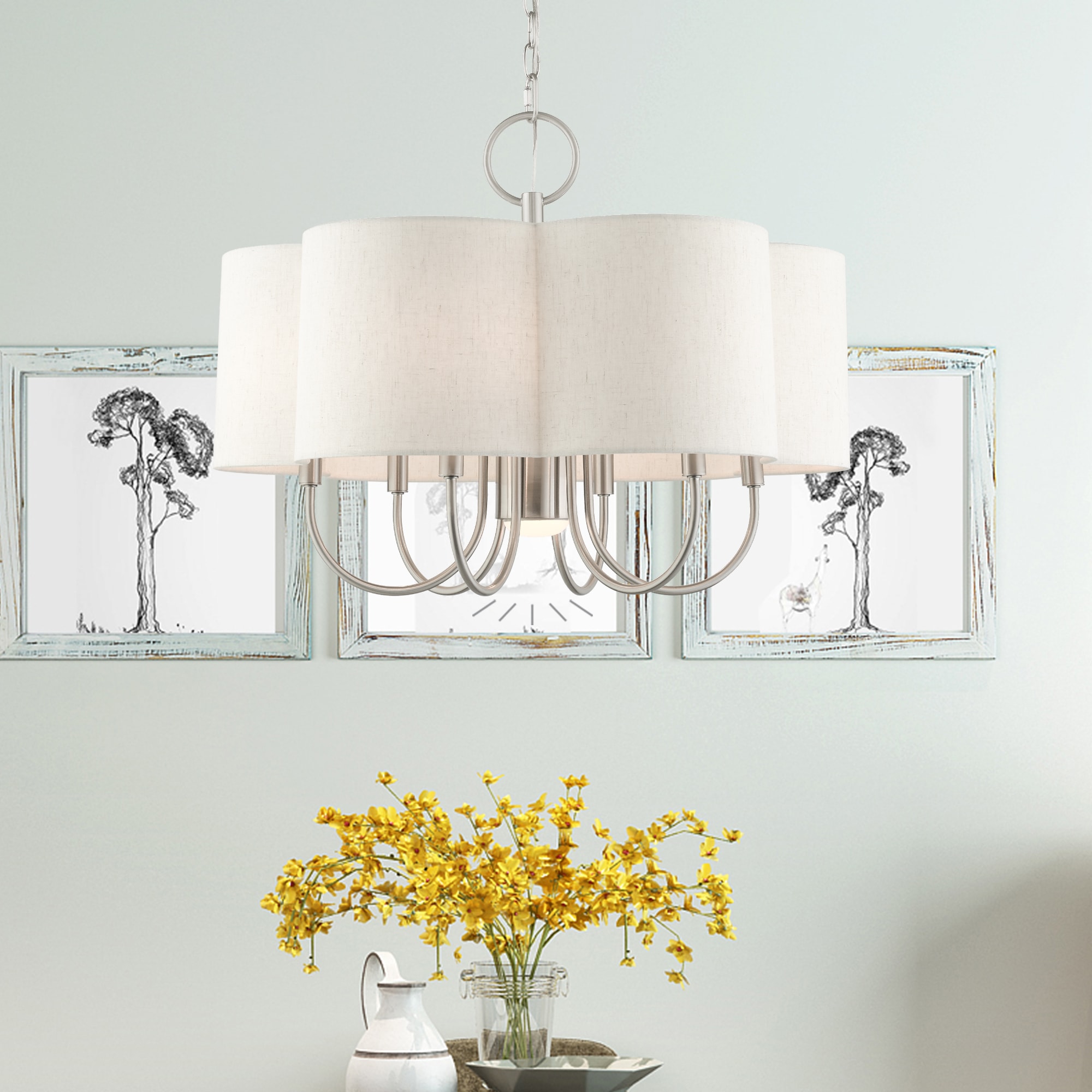 Brushed Nickel 24" Drum Chandelier with Oatmeal Shade