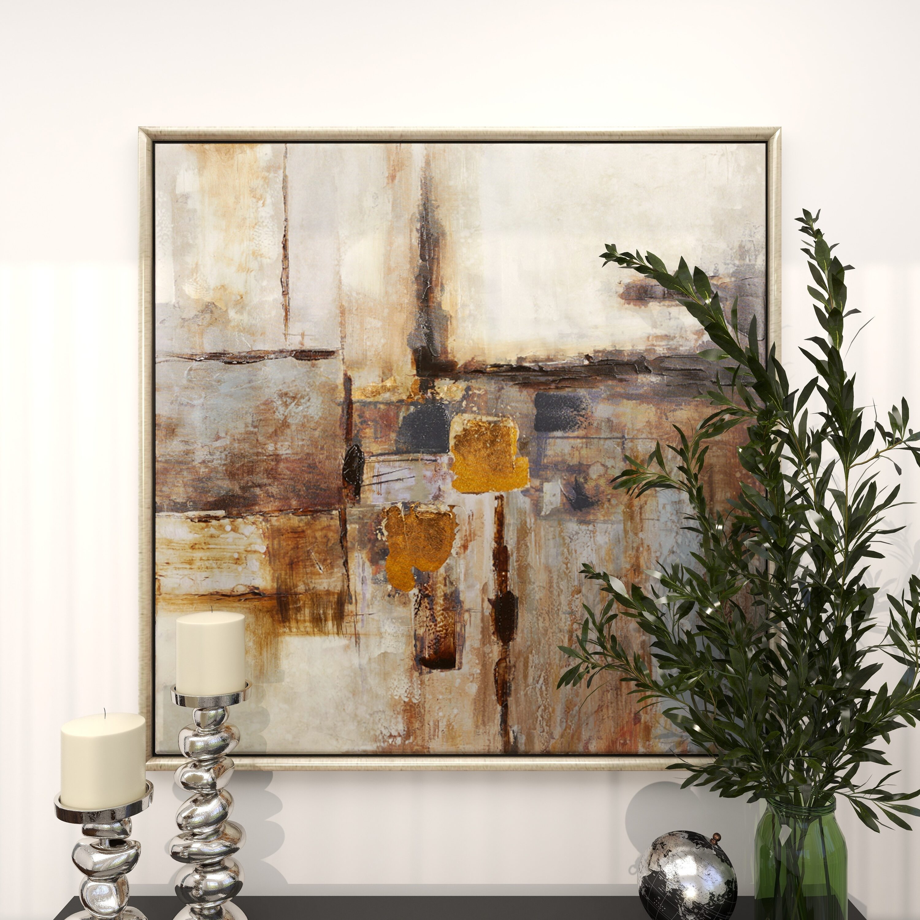 Oversized Brown and Tan Abstract Canvas Wall Art with Silver Frame
