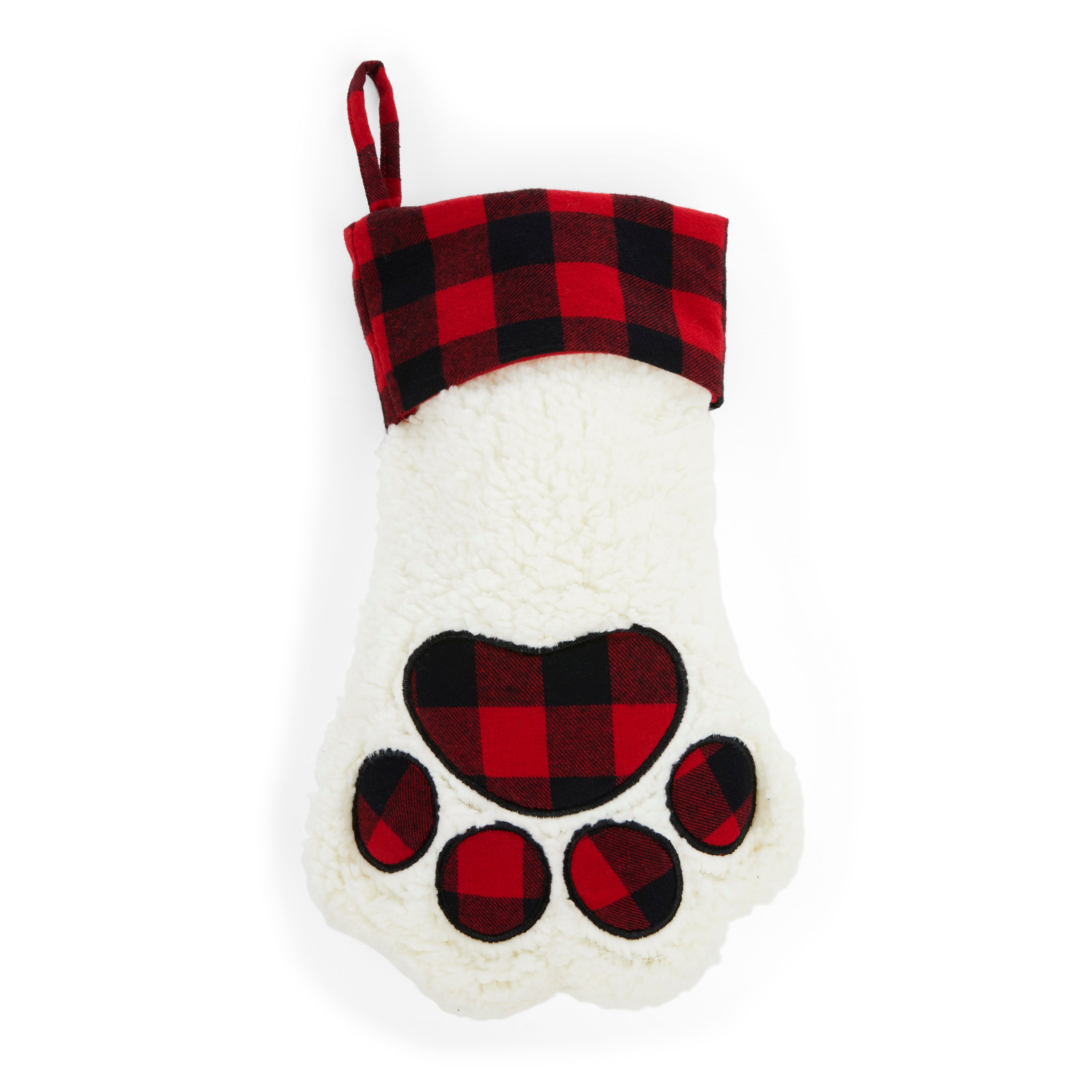 More & Merrier White Paw Stocking with Cozy Fabrication and Cheery Buffalo Check Print