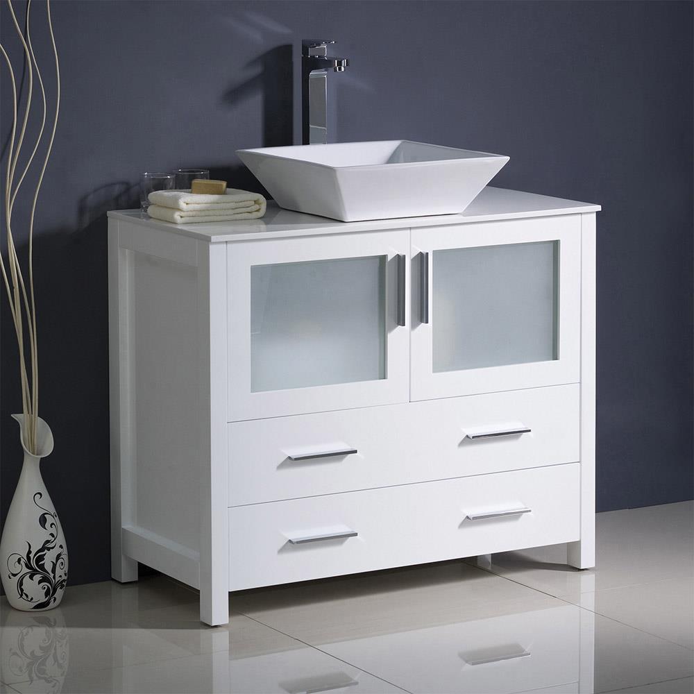 White Ceramic Top Freestanding Modern Bathroom Vanity with Vessel Sink