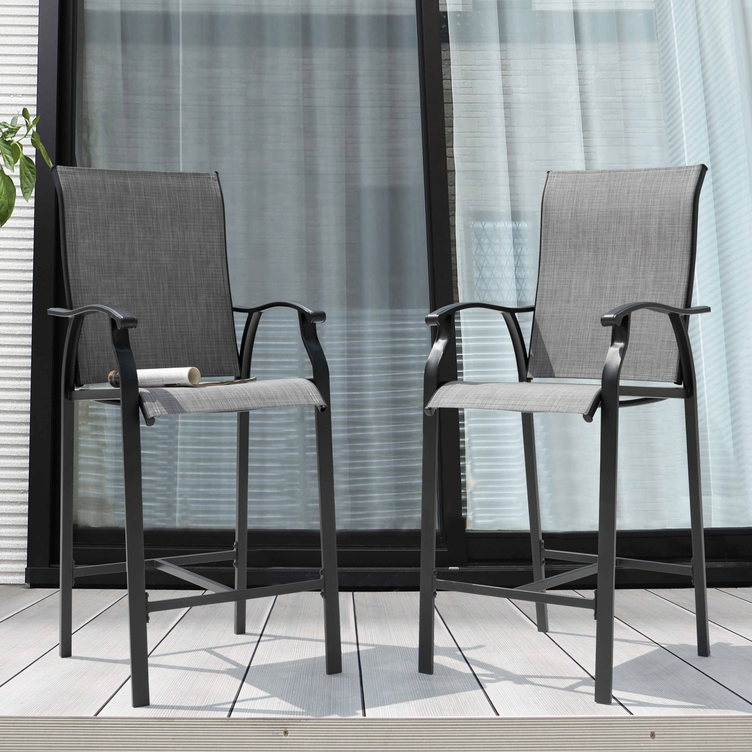 Nuu Garden DB140H Patio 2-Piece Bar Stools Set of 2 Black Iron Frame Stationary Bar Stool Chair with Gray Solid Seat