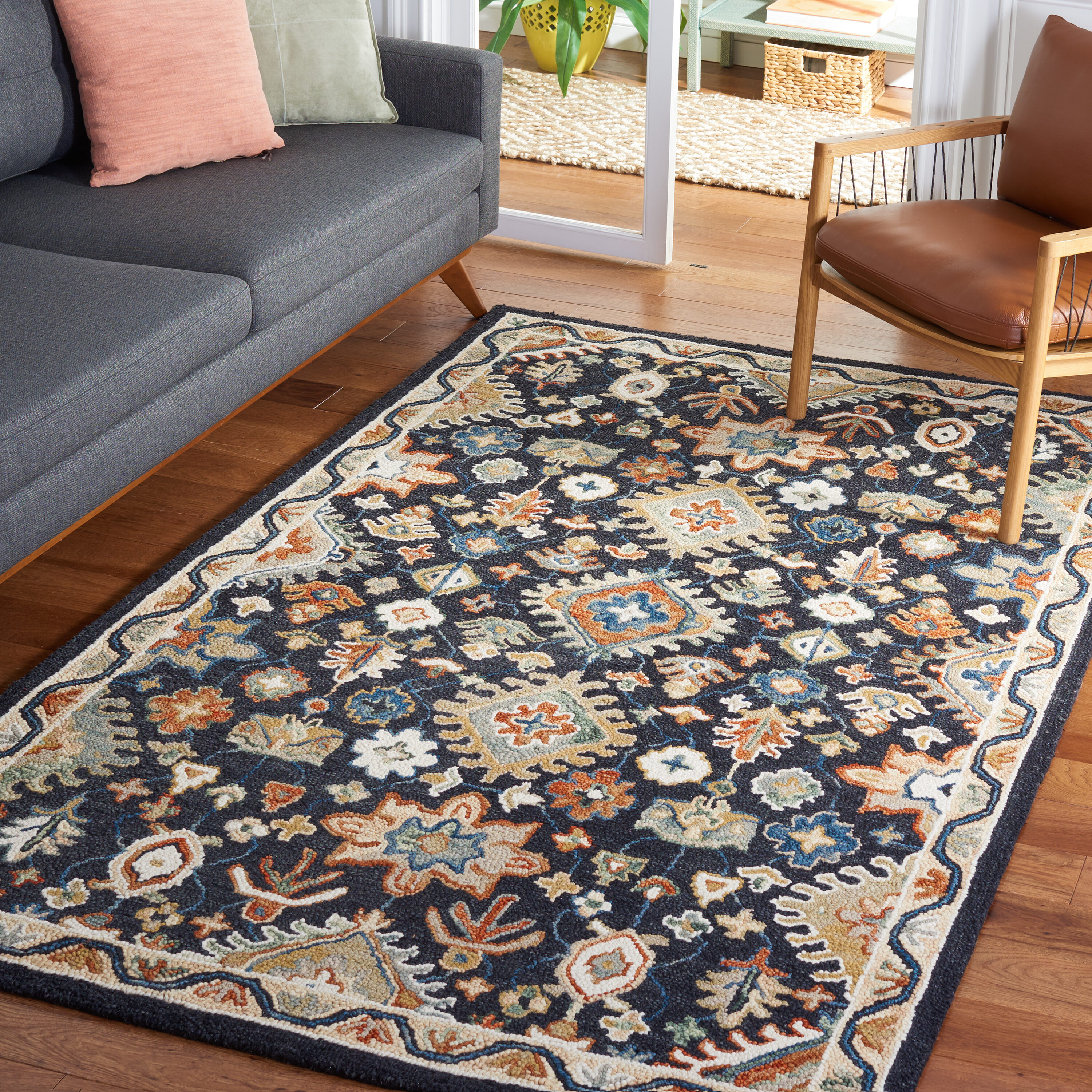 Aspen 8 x 10 (ft) Tufted Wool Black/Rust Rectangular Indoor Floral/Botanical Mid-Century Modern Spot Clean Only Area rug