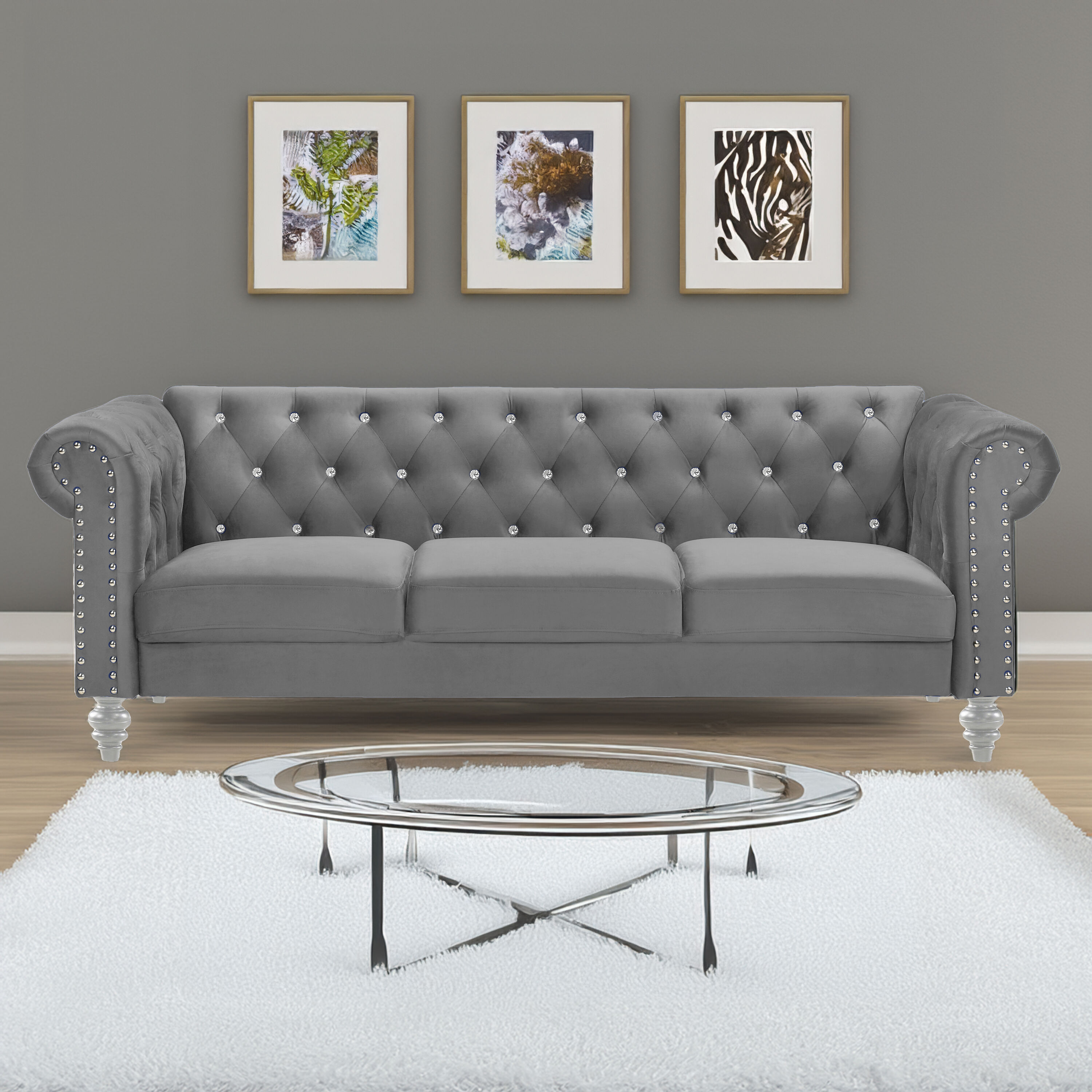 New Classic Furniture UKD13-30-GRYC Emma 81-in Glam Gray Velvet 3 -seater Sofa