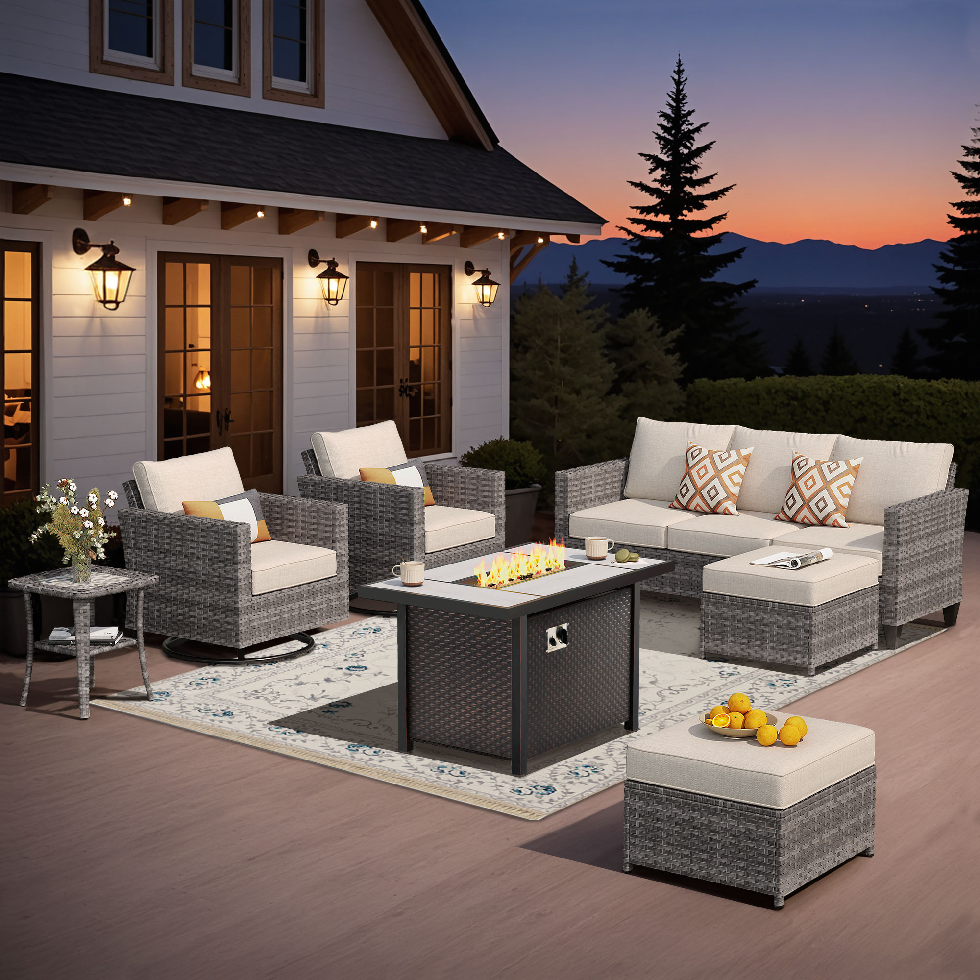 Pouuin STFP-YZGRS607 7 -Piece Wicker Patio Sofa Conversation Set with Beige Cushions