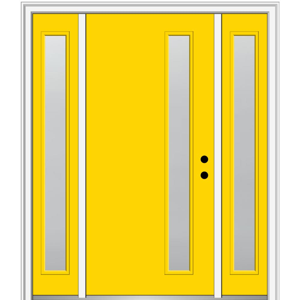 MMI DOOR ZZ347095L Spotlights 64-in x 80-in x 4-9/16-in Fiberglass Pulse lite Left-hand inswing Yellow Flash Painted Prehung Front Door with Sidelights with Brickmould Insulating core