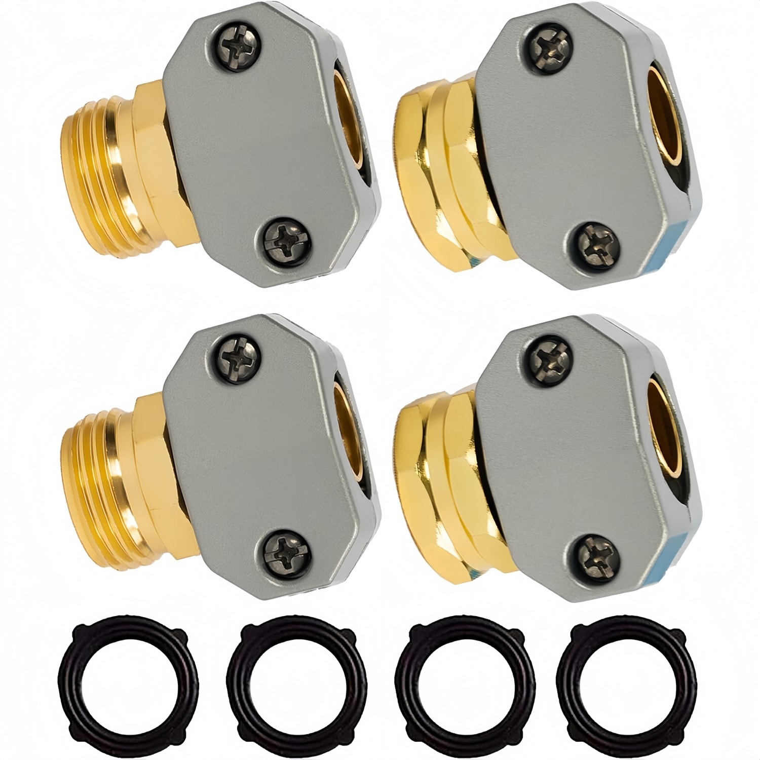 Numhew Garden Hose Repair Kit 5/8 in and 3/4 in 2-Set Aluminum Alloy Male and Female Connector with Washers
