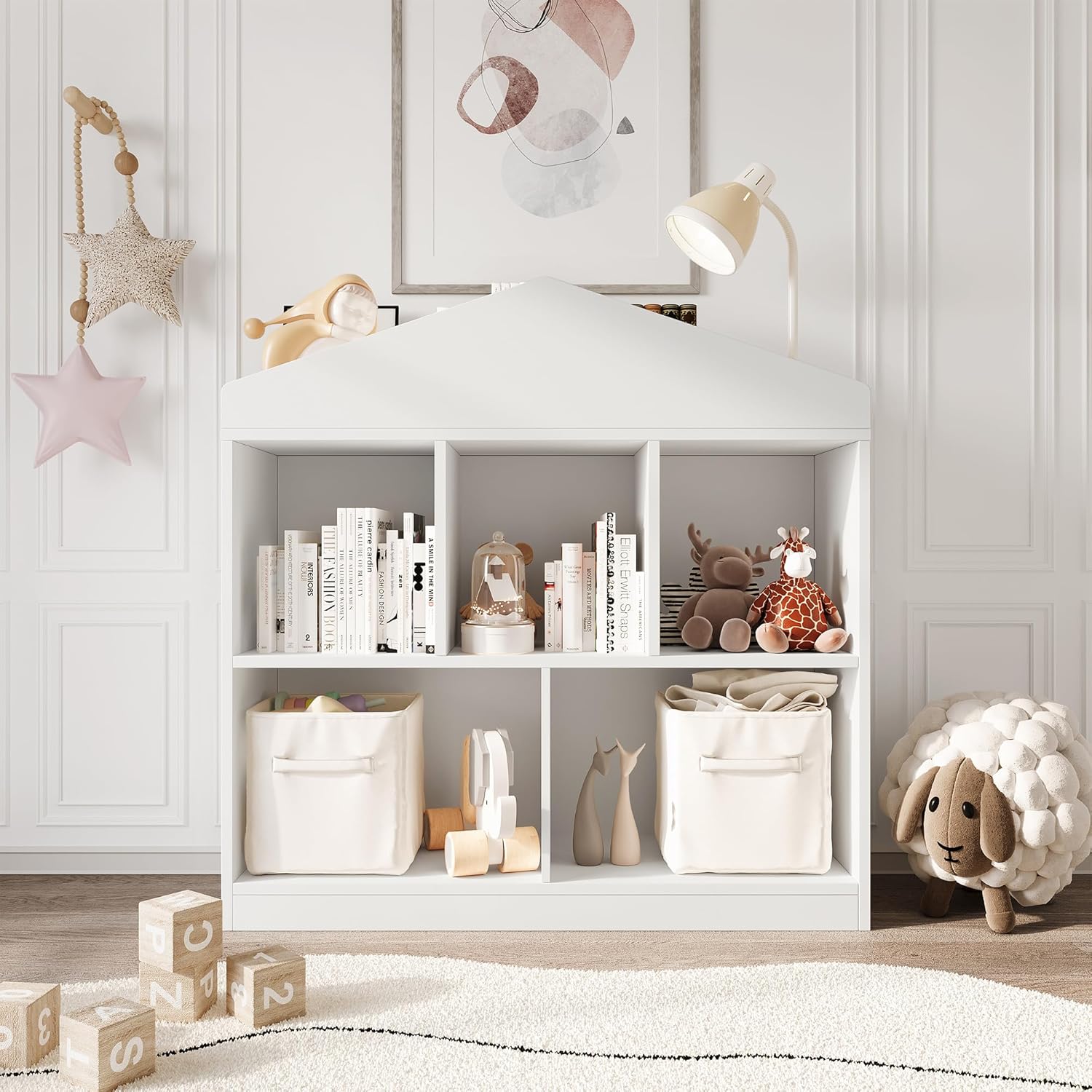 WhizMax ASDPHO11DFEM17 Kids Bookshelf White Toy Storage Organizer 5 Cubby L Shape with Roof Design and Anti Tip Kit White