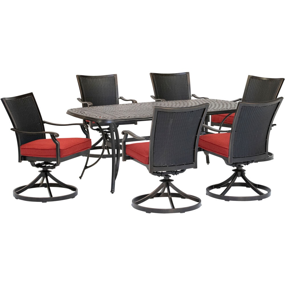 Hanover TRADDNWB7PCSWC-RED Traditions 7-Piece Bronze Patio Dining Set Aluminum Rectangle Table with 6 Red Cushions Swivel Rocker Chairs