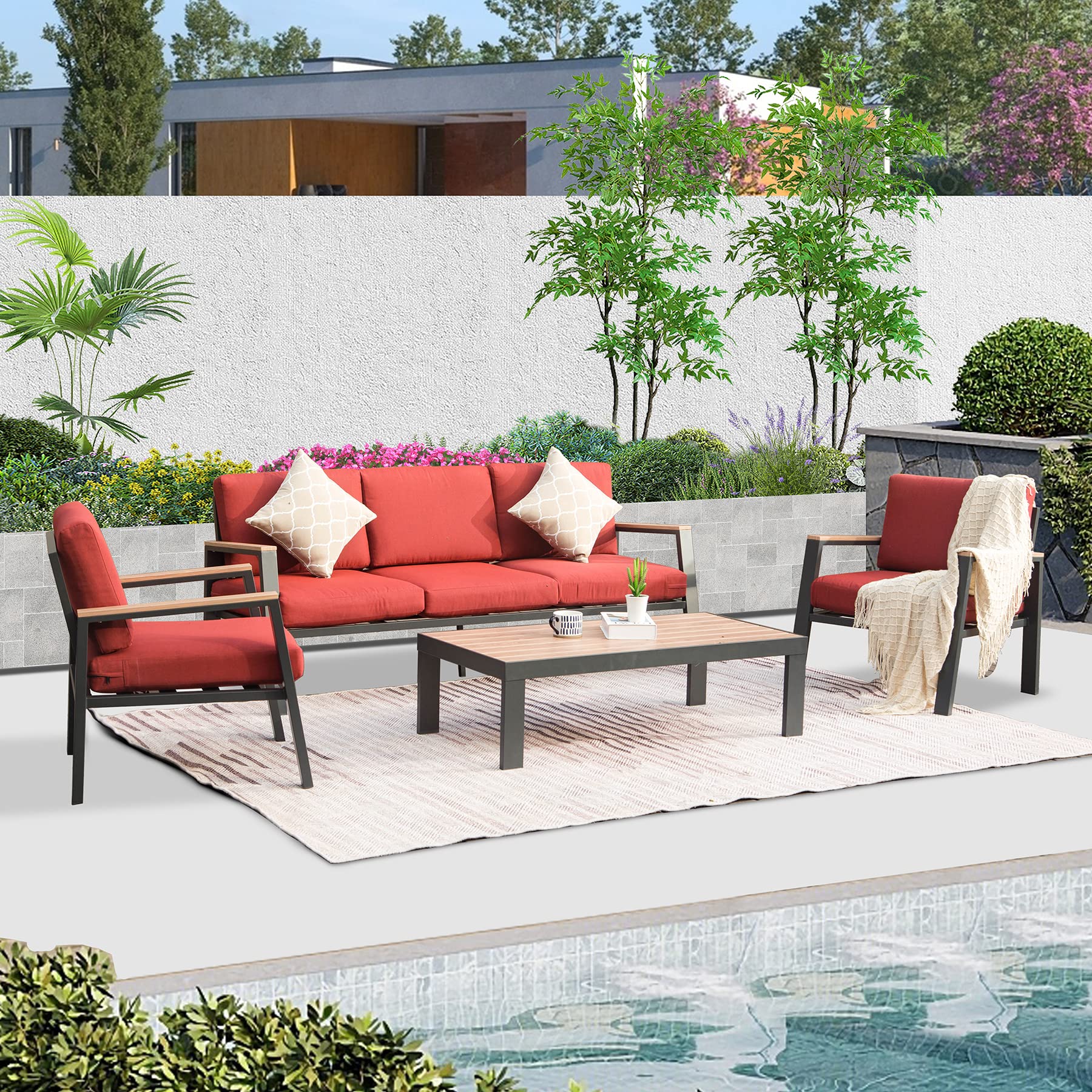 GDFStudio 334002 Modern Aluminum Outdoor Sectional Sofa with Coffee Table and 7 Inch Cushions Red