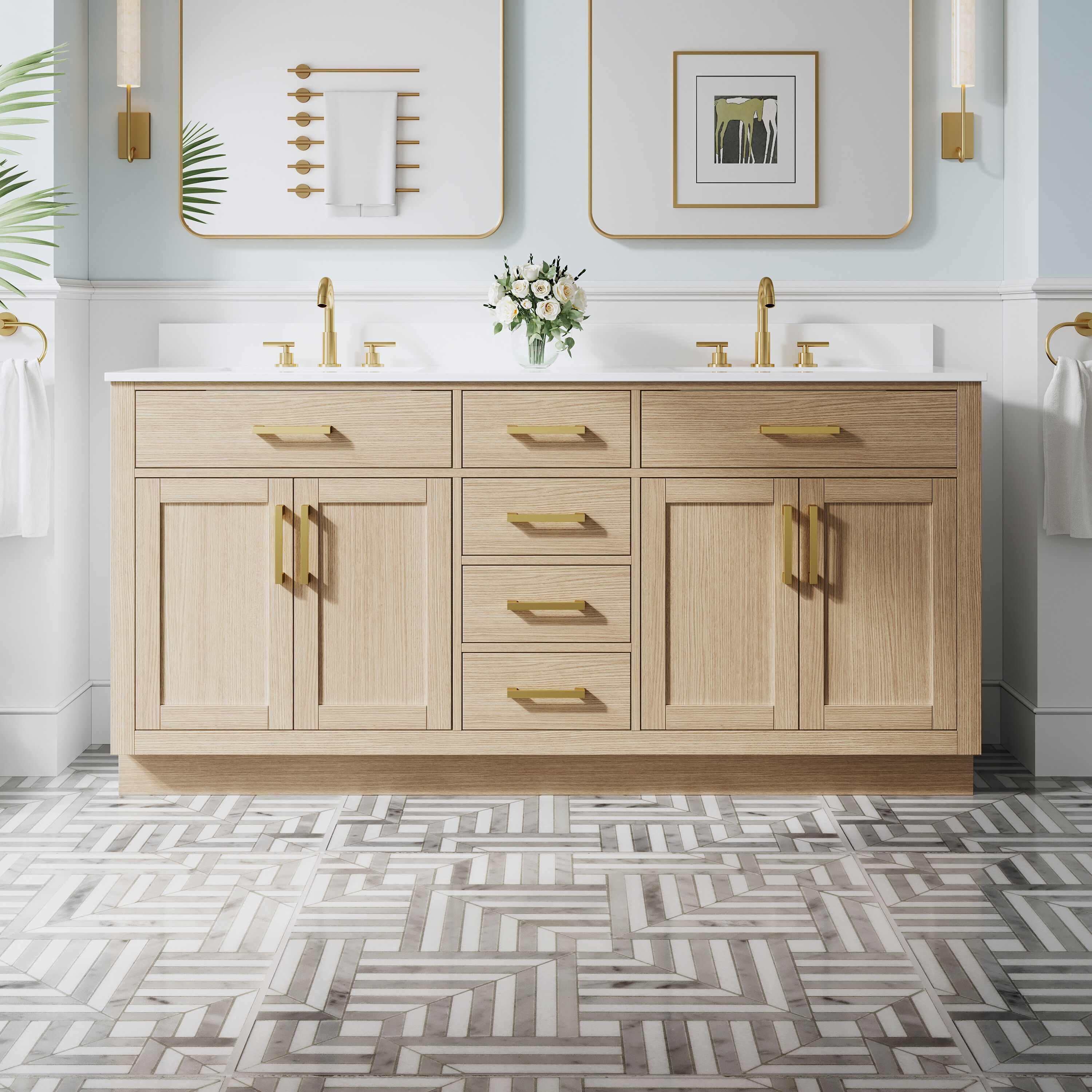 Gtnali 72-in OAK Solid Wood Double Sink Bathroom Vanity with Pure White Cultured Marble Top Soft Close Doors and Drawers Fully Assembled