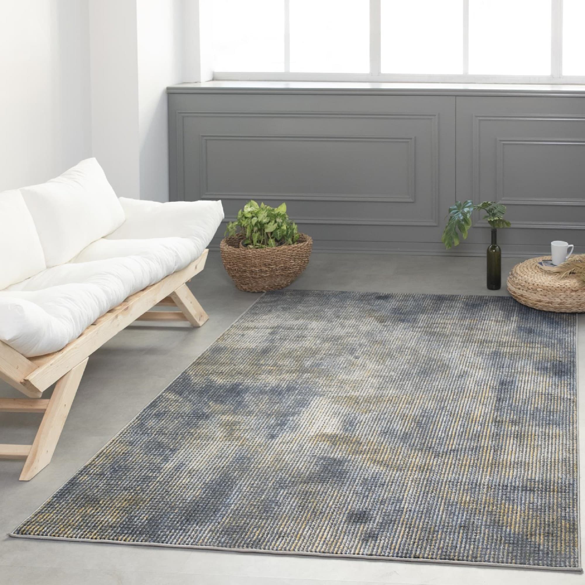 Lela Collection Gold and Blue Abstract Polyester Rug 5'2" x 7'5"
