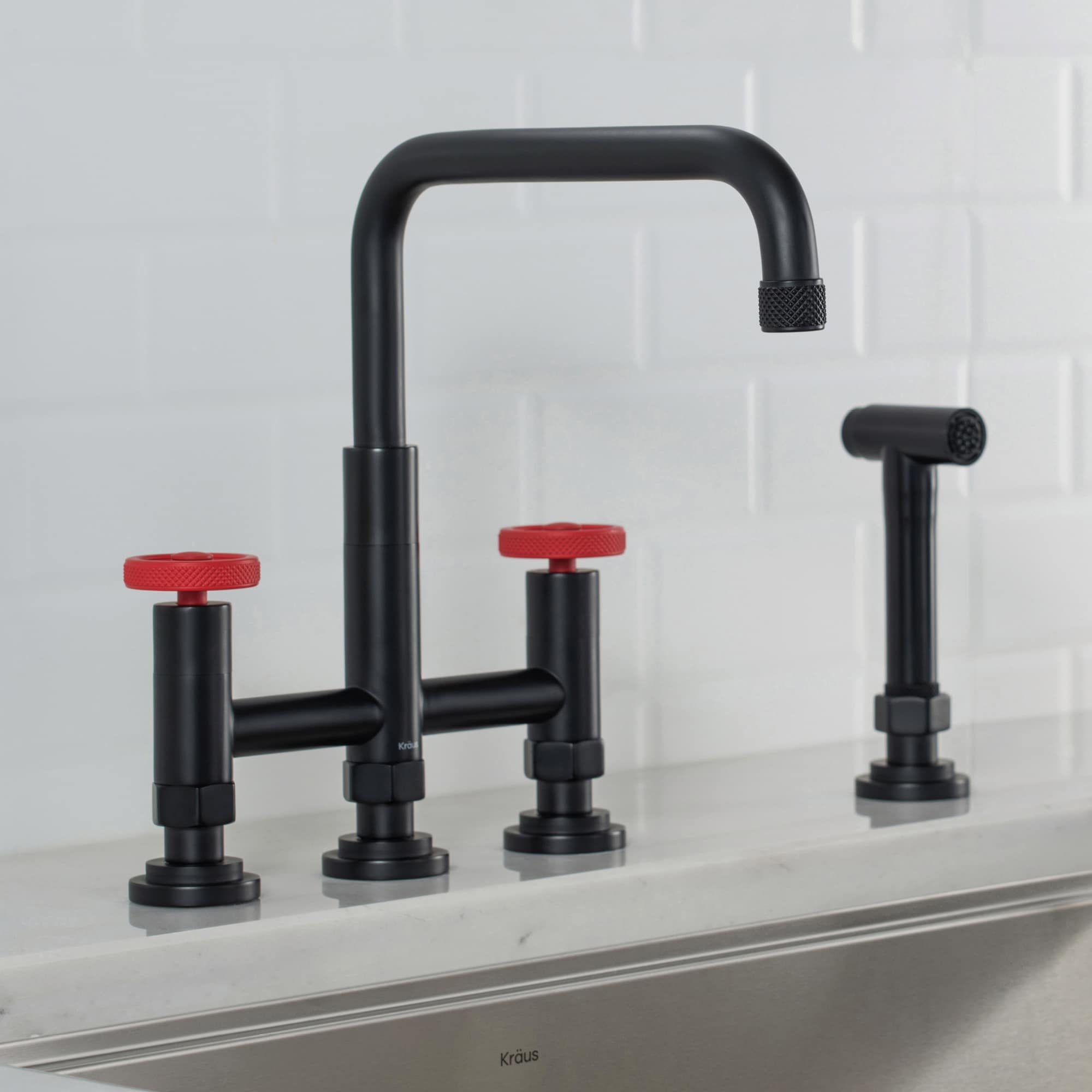 Kraus KPF-3125MBRD Urbix Matte Black/Red Double Handle Deck-mount Bridge Kitchen Faucet ( Side Sprayer Included )