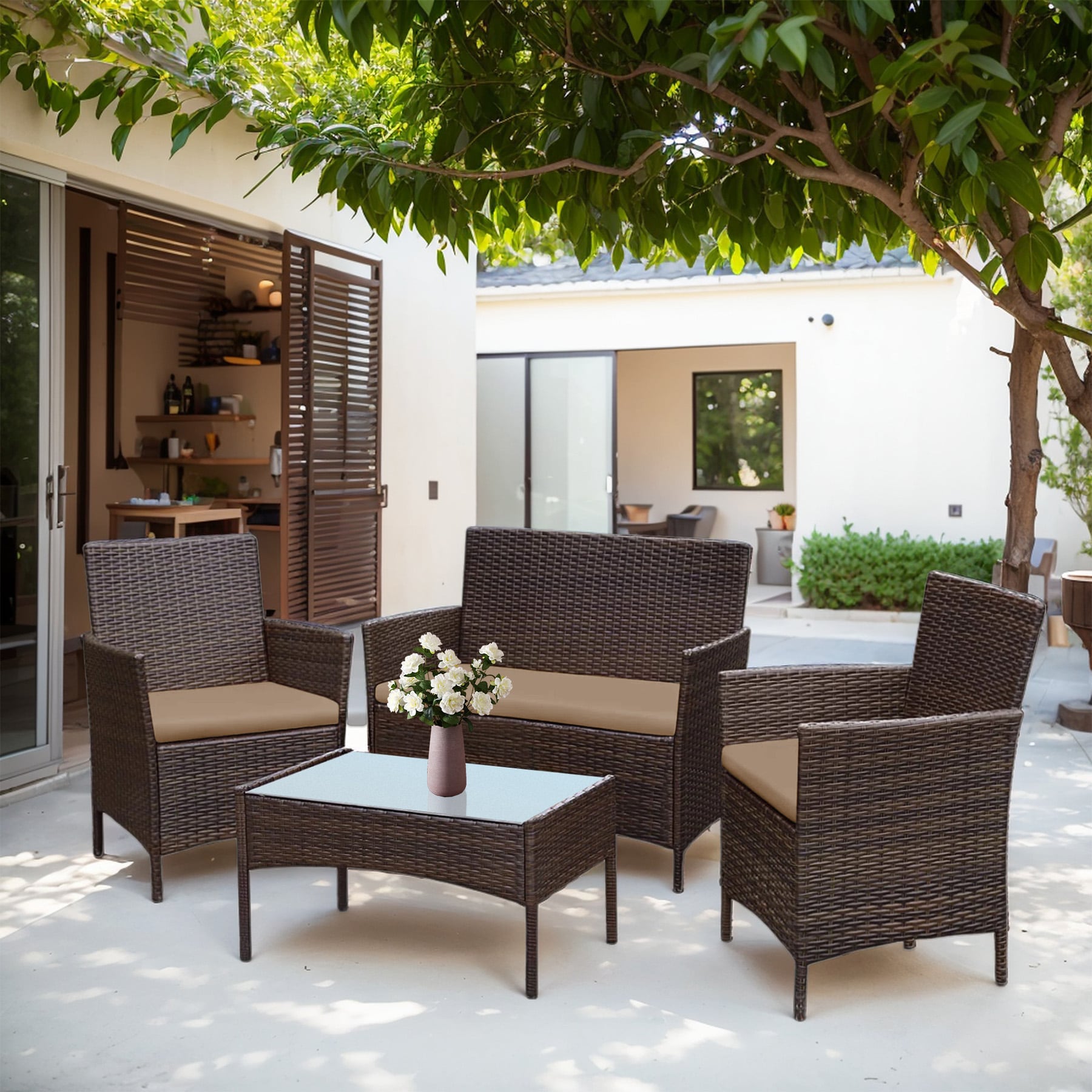 Grearden HZNF610-BR 4 -Piece Wicker Patio Conversation Set with Brown Cushions