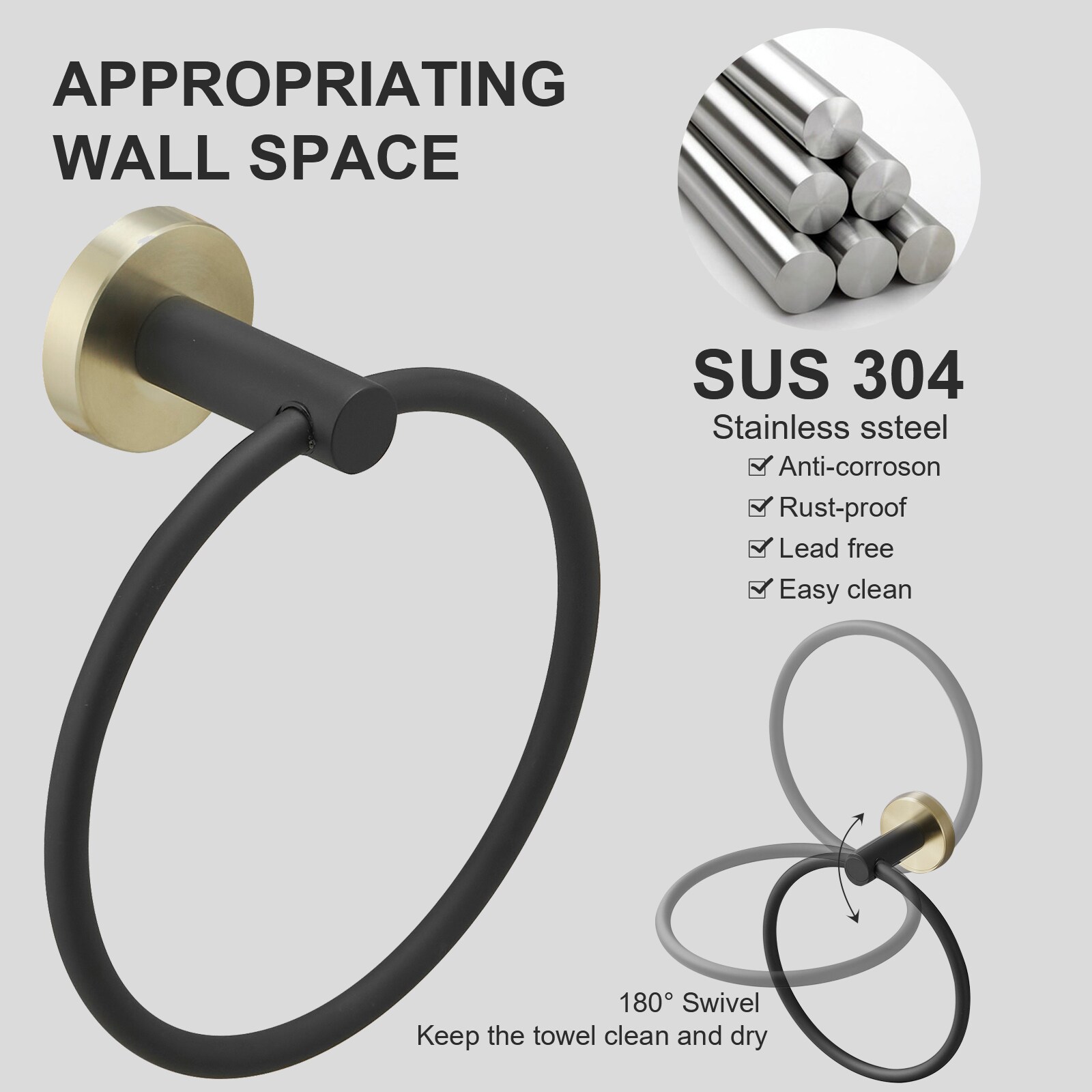 BWE 24-Inch Black and Gold Stainless Steel 6-Piece Bath Hardware Set