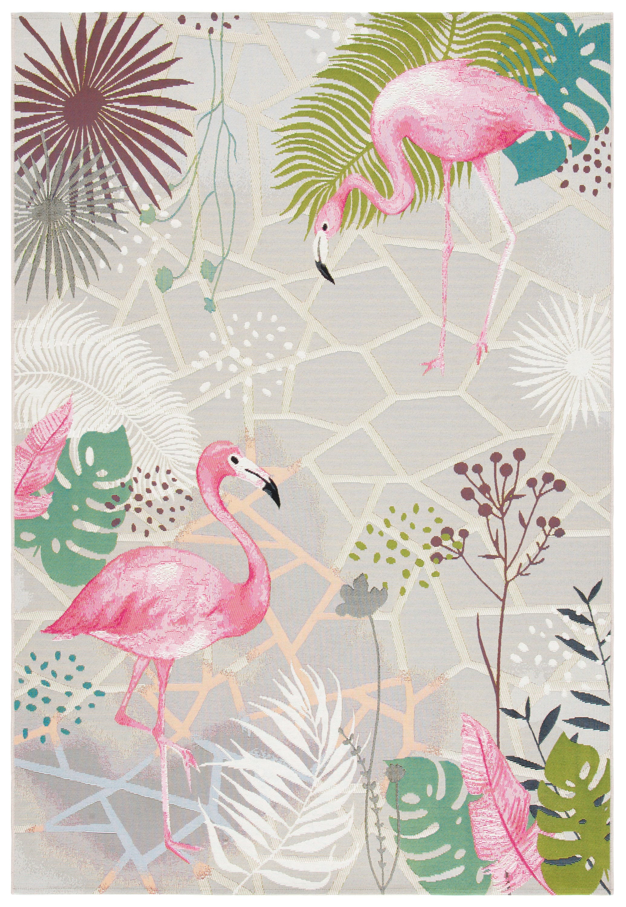 Gray and Pink Tropical Flamingo Synthetic Outdoor Area Rug