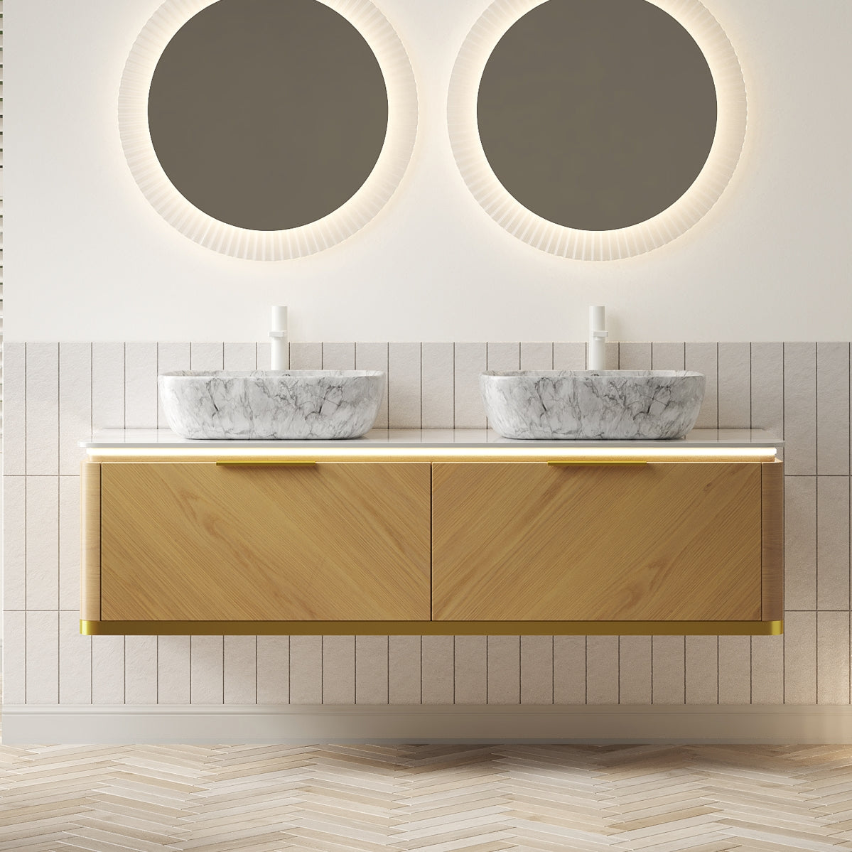 Boyel Living BL-W3377-00305 60 Bathroom Vanity with Sinks Floating Plywood Cabinet 2 Drawers Sensor Light 2 Marble Pattern Ceramic Vessel Basins Sintered Stone Espresso