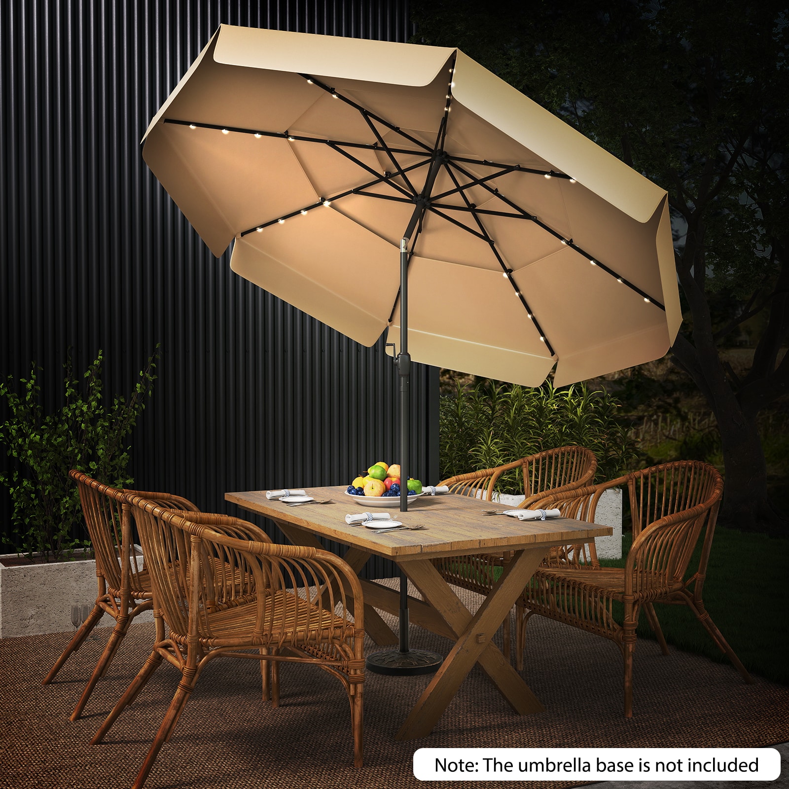 BABOOM - 10 Feet Solar Patio Umbrella with 3-Tier Vented Top 32 LED Lights and Crank Handle