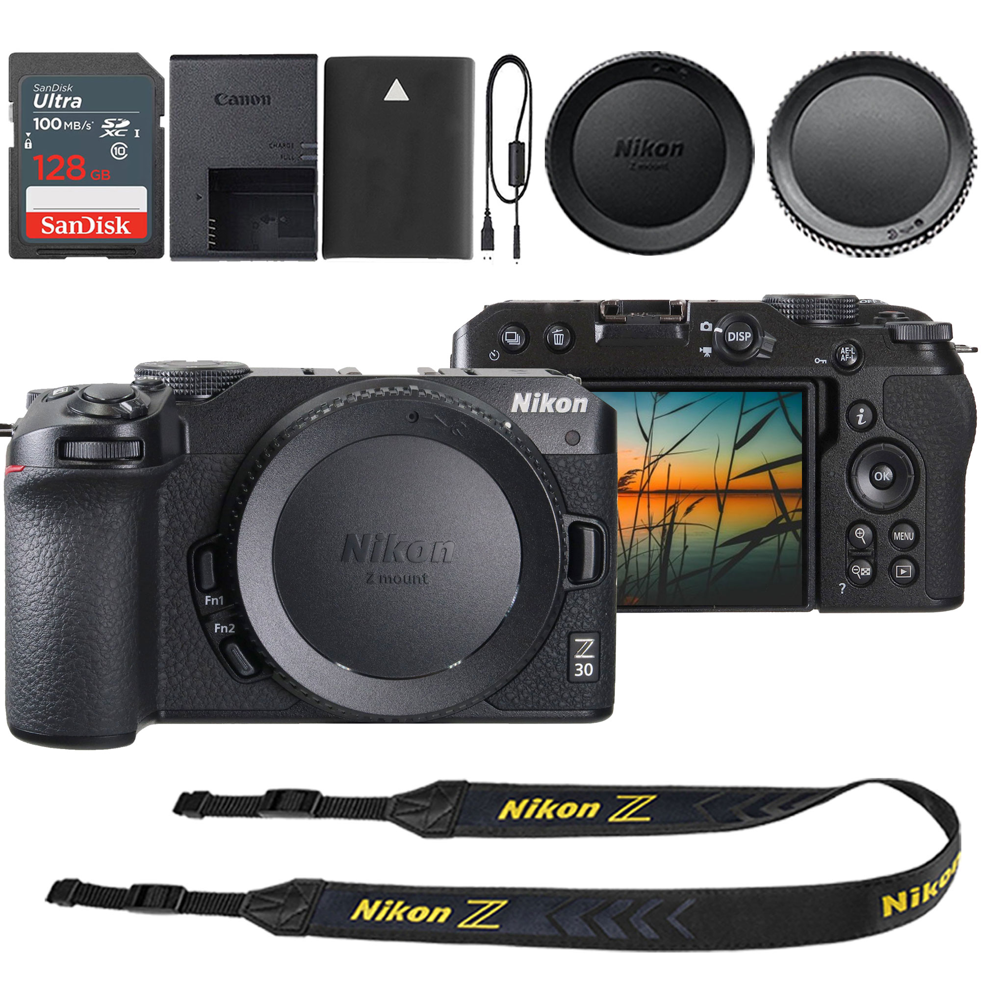 Nikon  Z30 Mirrorless Camera Body Only Black with SanDisk Ultra 128GB SDXC UHS I Memory Card 100MBs