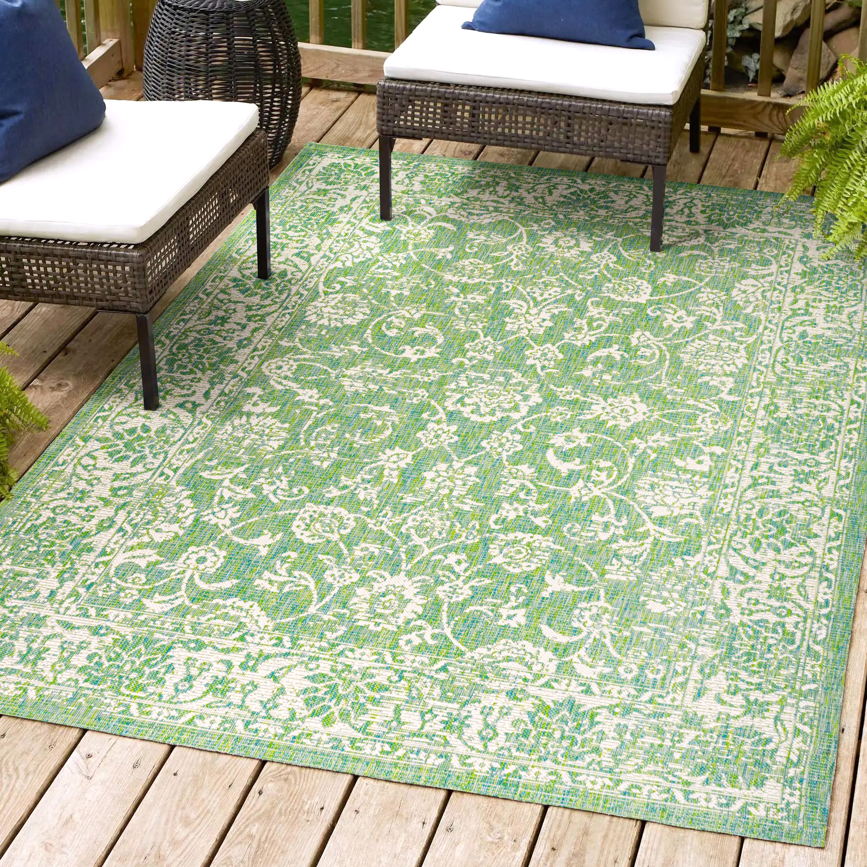 JONATHAN  Y SMB100F-3 Santa Monica Tela Textured Weave Floral 3 x 5 (ft) Loomed Polypropylene Cream/Green Rectangular Indoor/Outdoor Border Coastal Area rug