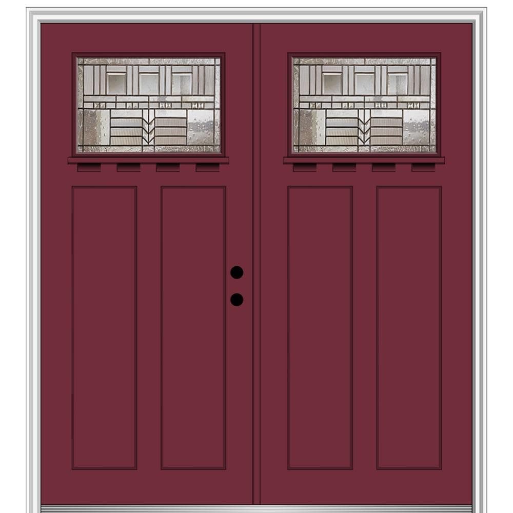 MMI DOOR ZZ3665011L 72-in x 80-in x 4-9/16-in Fiberglass Craftsman Left-hand inswing Burgundy Painted Prehung Double Front Door with Brickmould Insulating core