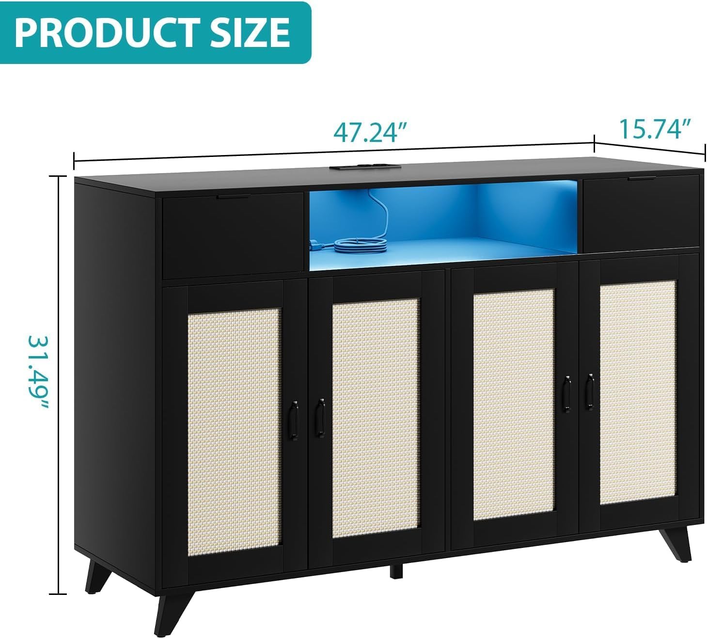 WhizMax LDYLSPHO-14VKFVNZ Rattan Sideboard Buffet Cabinet With 4 Doors 2 Drawers Built In Power Outlet Usb Ports Adjustable Shelves Anti Tip Kit Black For Kitchen Dining Room Living Room Hallway