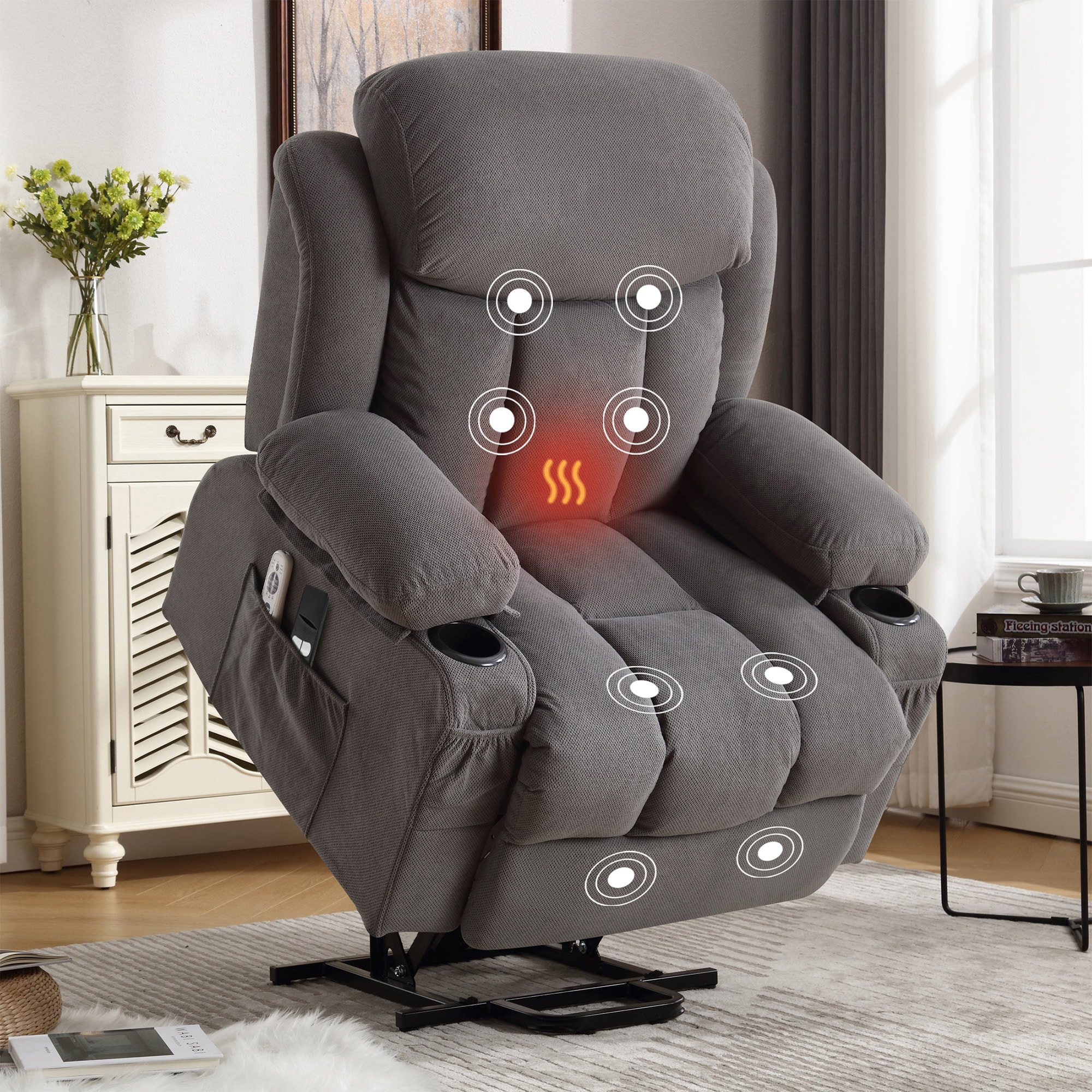 Sumyeg JH-HFOF-026BN Power Lift Recliner Chair Grey Velvet Upholstered Powered Reclining Massage chair with Lift Assistance