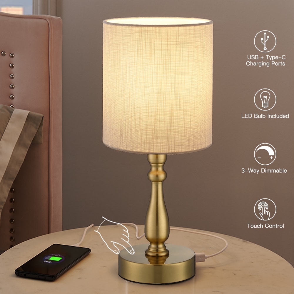 True Fine 16.5-in Brass LED Touch Table Lamp with Fabric Shade