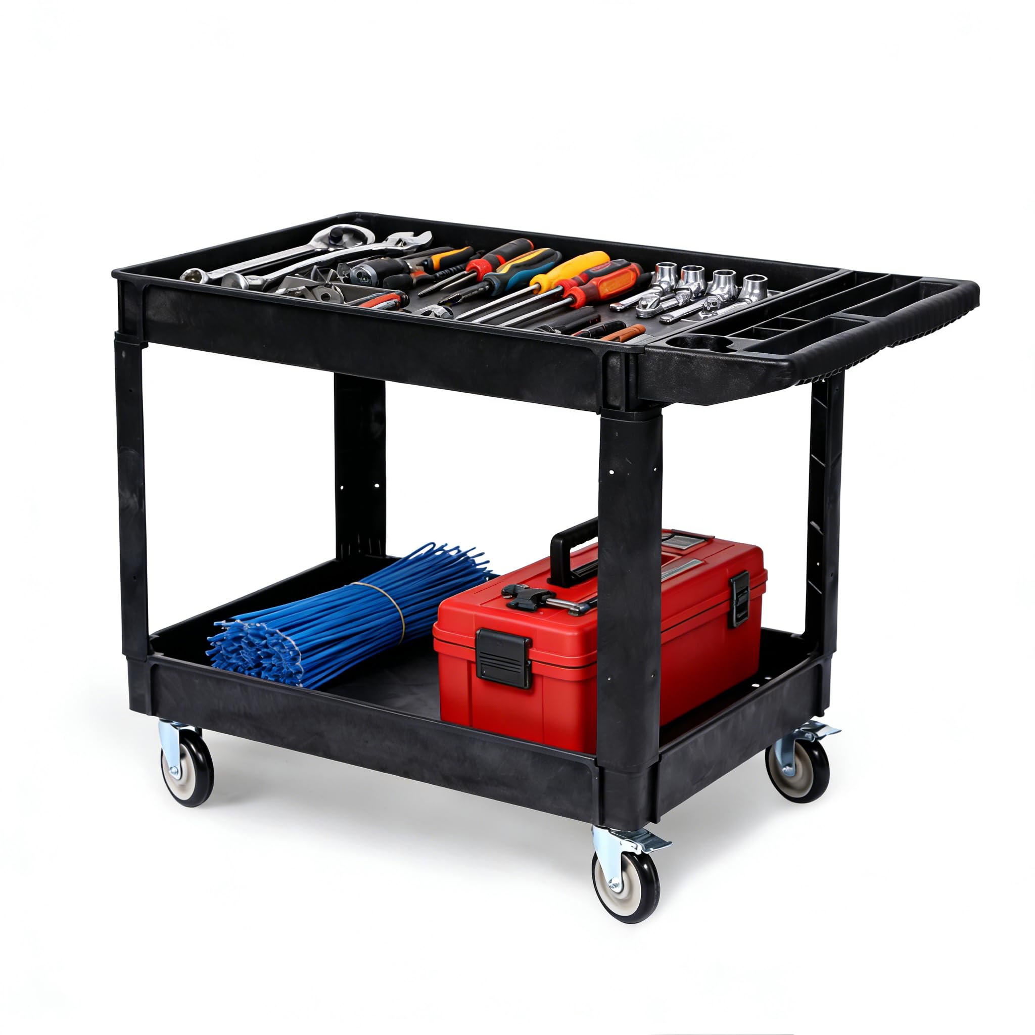 IdealHouse 2 Shelf Utility Service Cart Heavy Duty Plastic Rolling Utility Cart with 360 degree Swivel Wheels 2 with Brakes 550LBS Large Lipped Shelf Ergonomic Storage Handle for Warehouse Garage Cleaning #BZI-2K78-VI9BCY994S