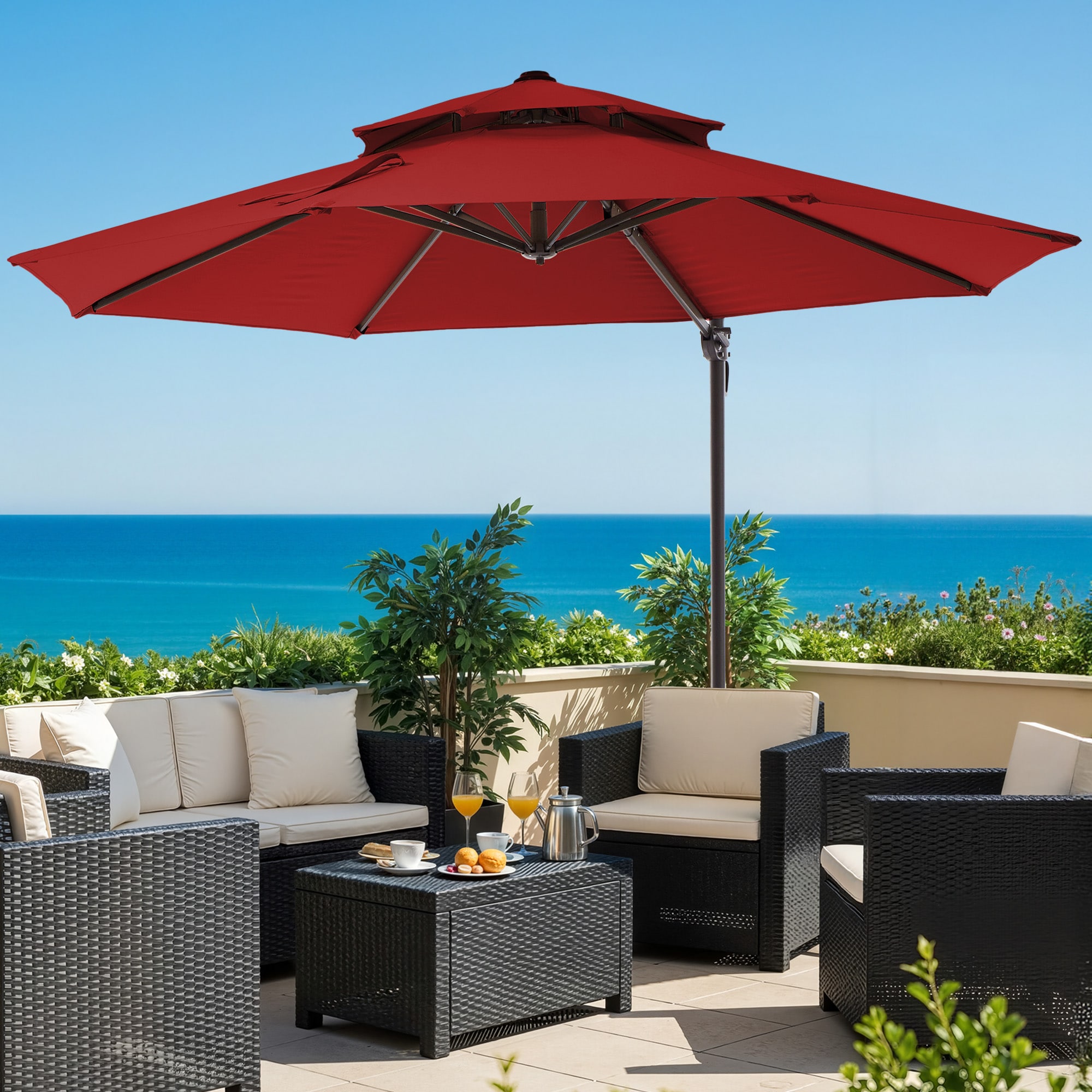 Serwall SR-11FTXLM-RE 11-ft Red Round Crank Cantilever Patio Umbrella With Base