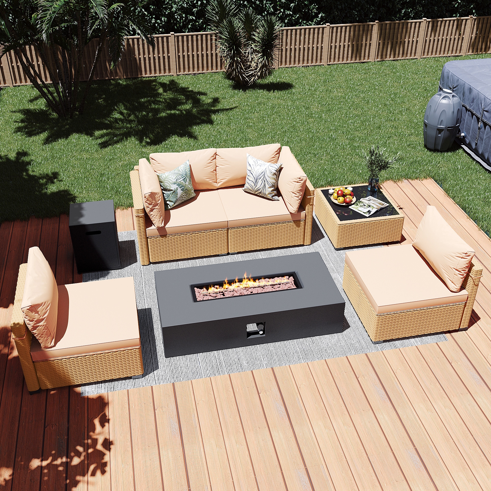 Patio Watcher LS-RT5-KD56DK-Y1 6 -Piece Rattan Patio Conversation Set with Beige Cushions