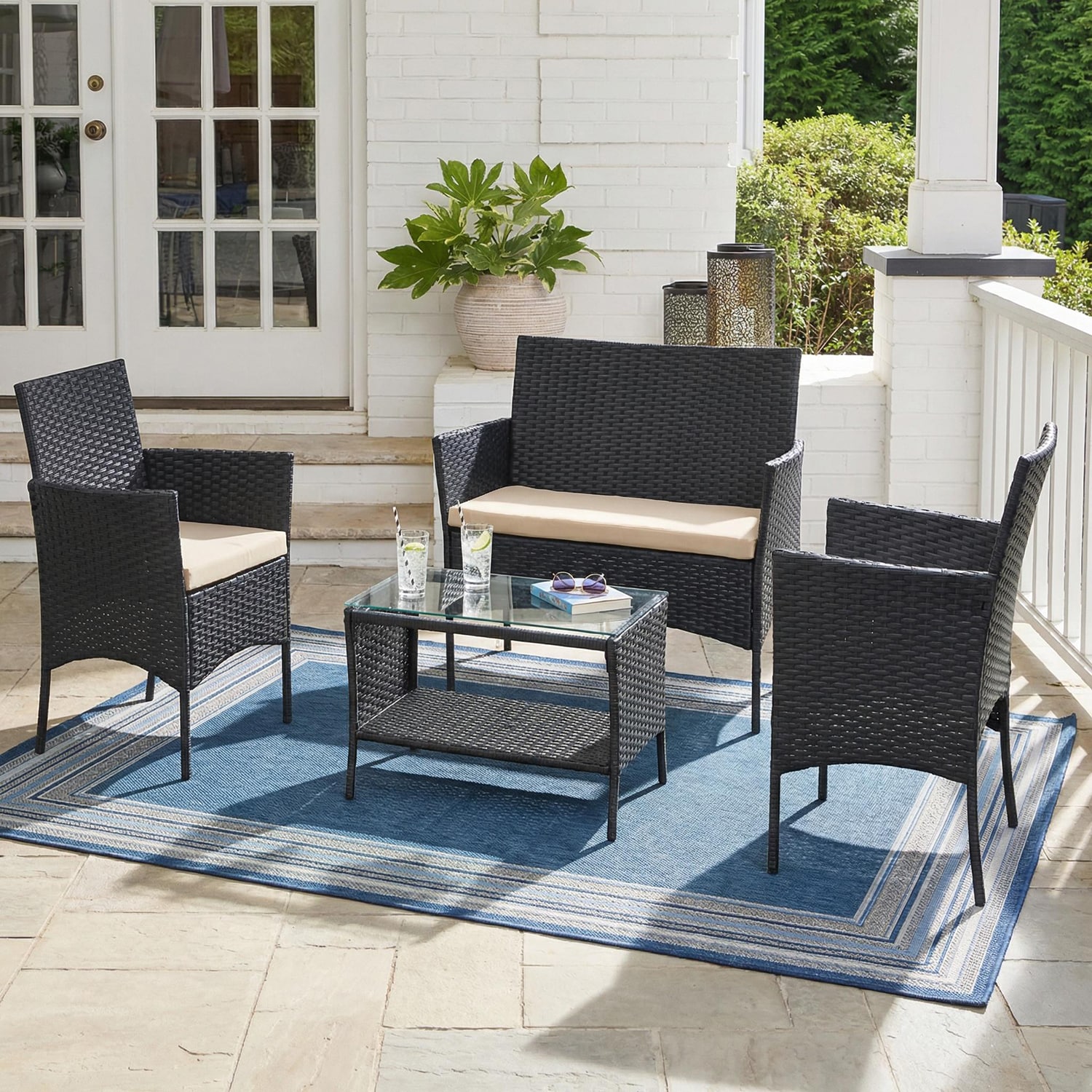 GZMR 4-Pc Rattan Patio Sofa Set 4 -Piece Rattan Patio Conversation Set with Off-white Cushions