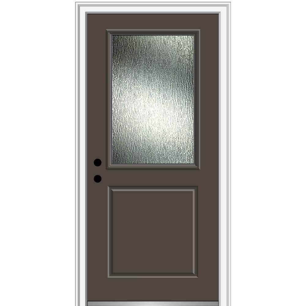 MMI DOOR ZZ367163R Rainglass 32-in x 80-in x 4-9/16-in Fiberglass Half lite Right-hand inswing Brown Painted Prehung Front Door with Brickmould Solid core