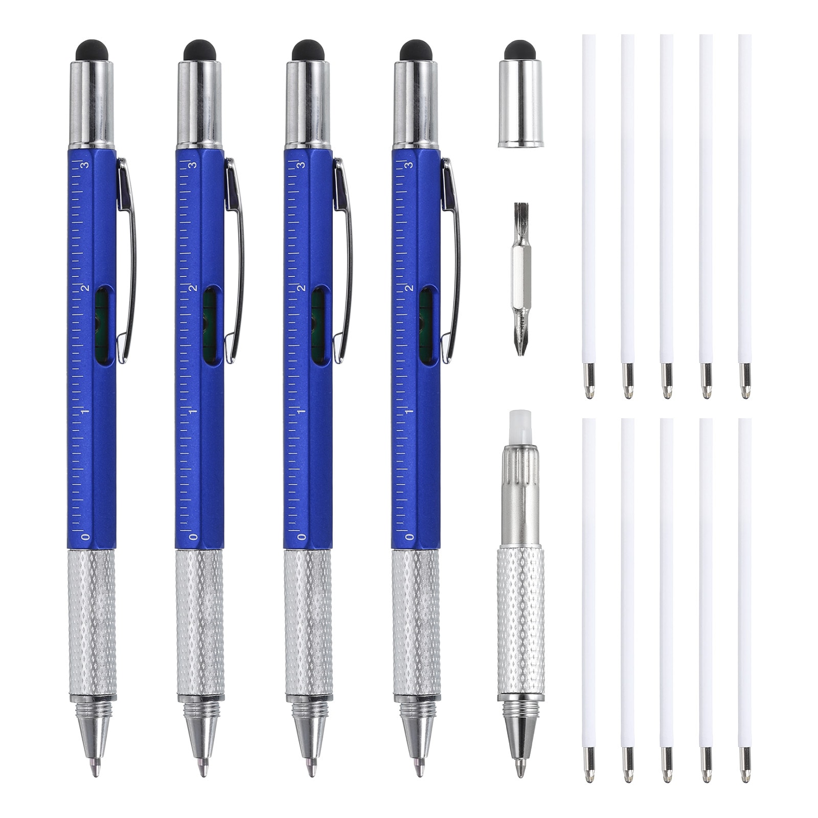 Unique Bargains 4pcs 6 in 1 Multitool Tech Tool Pen Gifts for Men with Ballpoint Pen Ruler Screwdriver Stylus Level Gauge Refills for Christmas Birthday Dark Blue #S26051500UX8576
